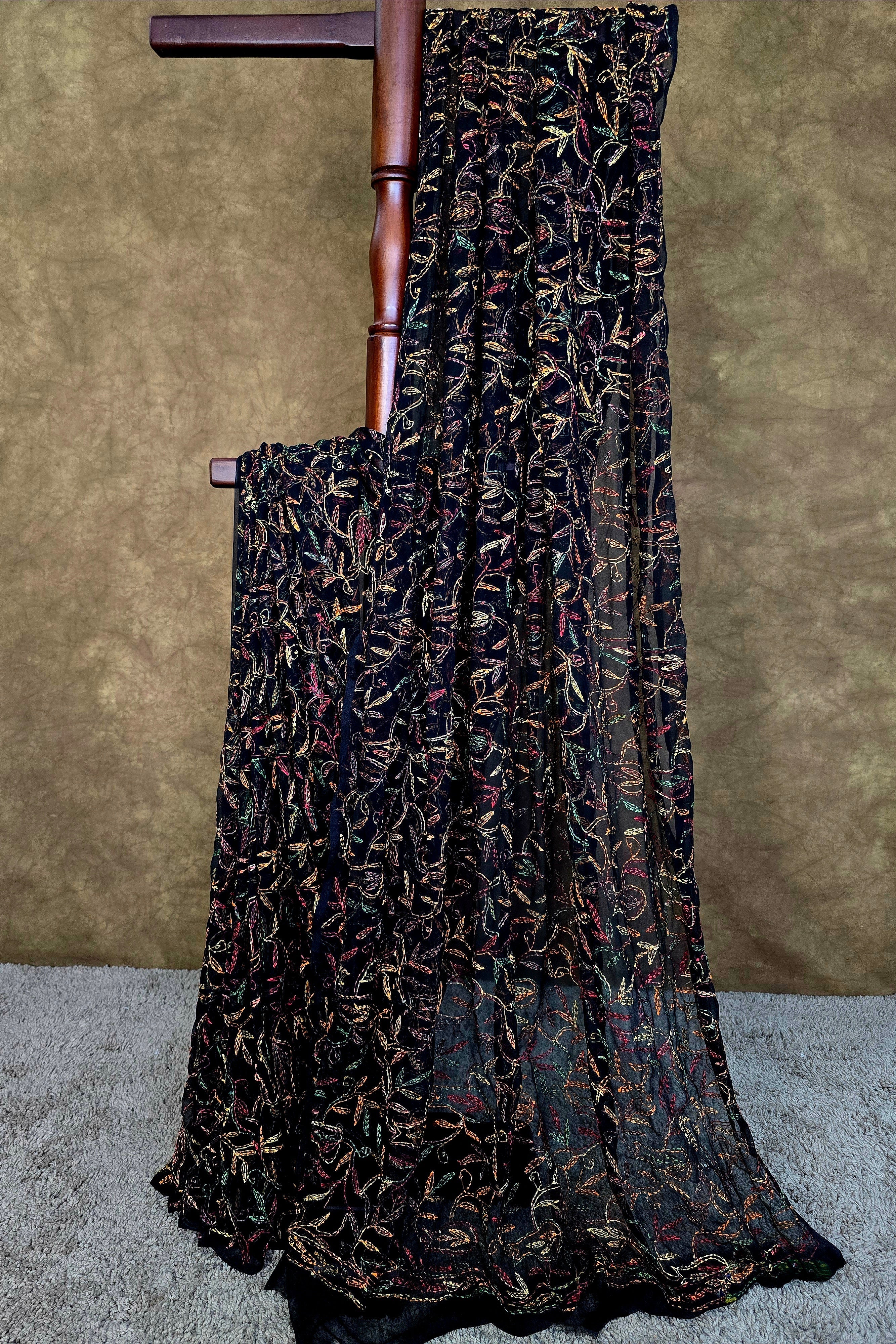 Black Beauty Tepchi Chikankari Saree with Multi-Colour Hand Embroidery