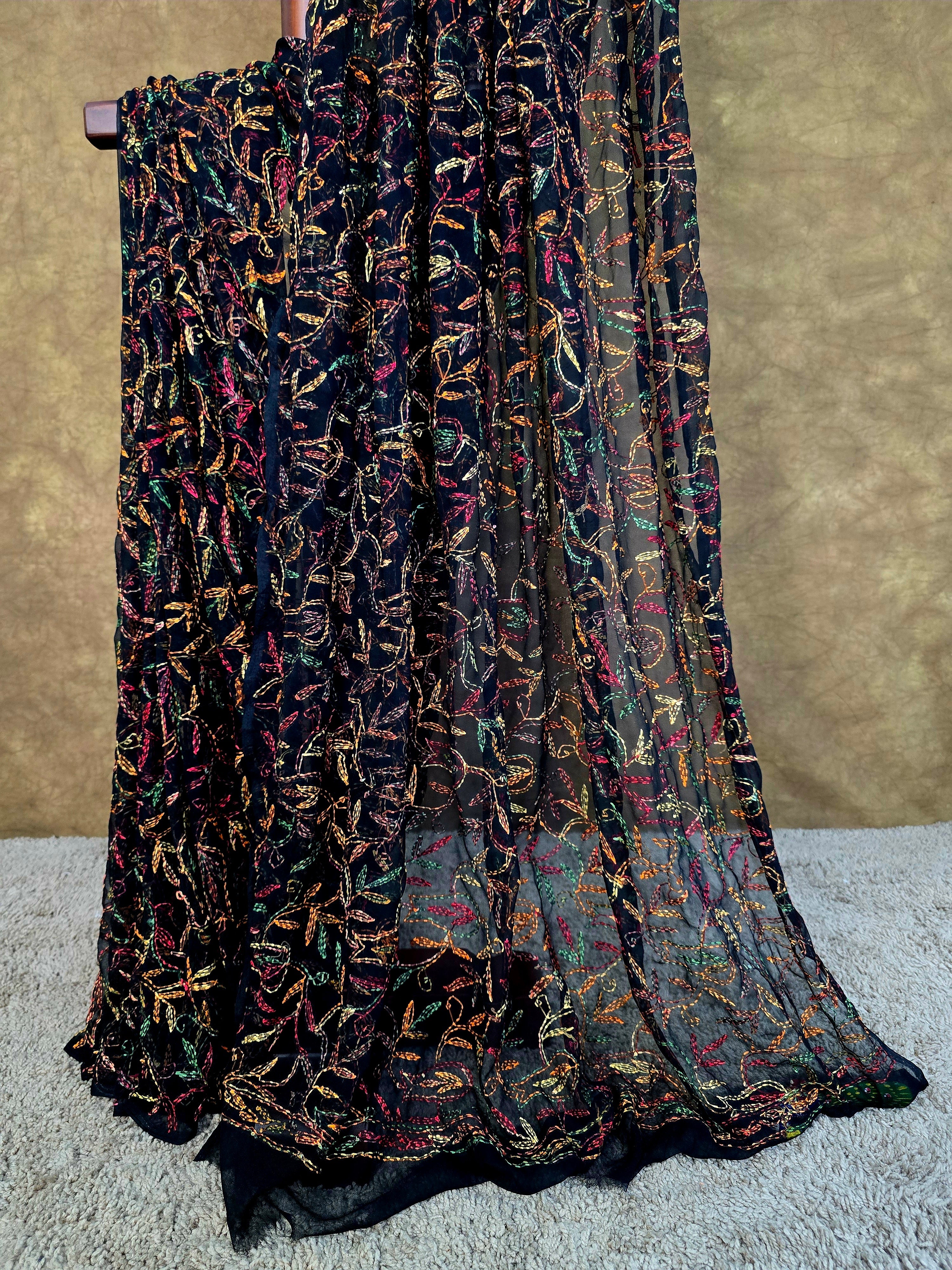 Black Beauty Tepchi Chikankari Saree with Multi-Colour Hand Embroidery