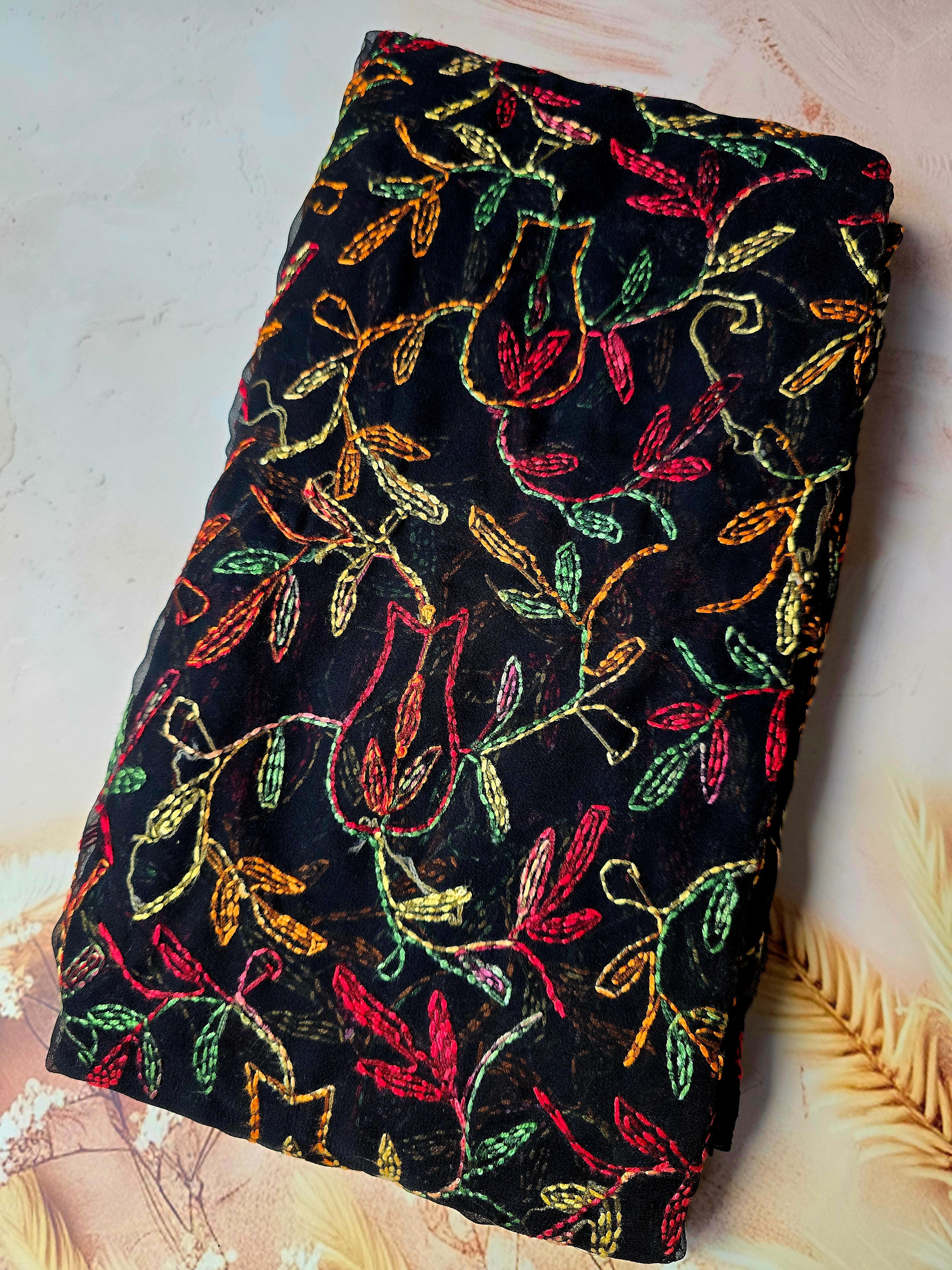 Black Beauty Tepchi Chikankari Saree with Multi-Colour Hand Embroidery