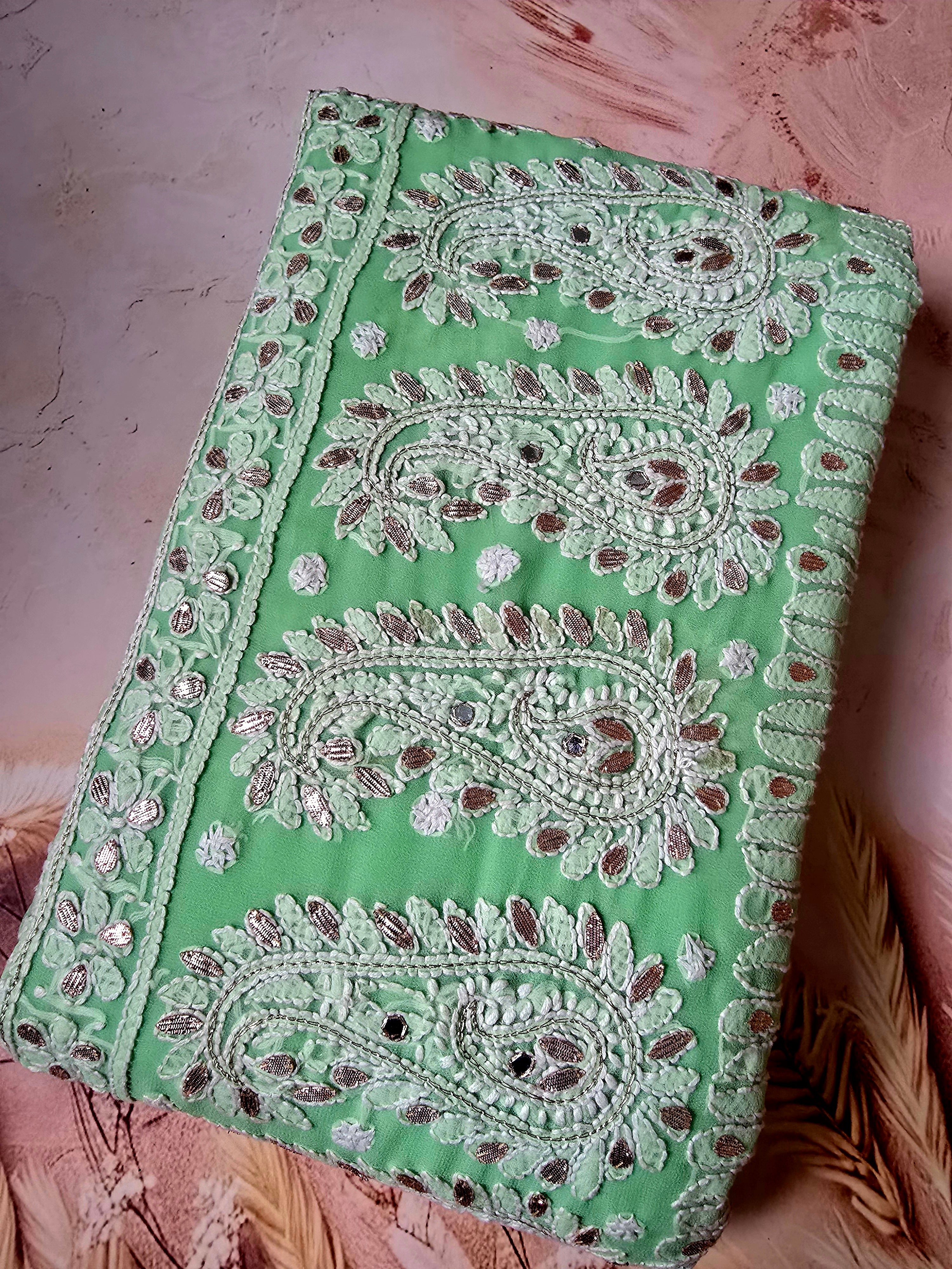 Green Chiffon Lucknowi Chikankari Saree with Gotta-Patti & Mirror Work