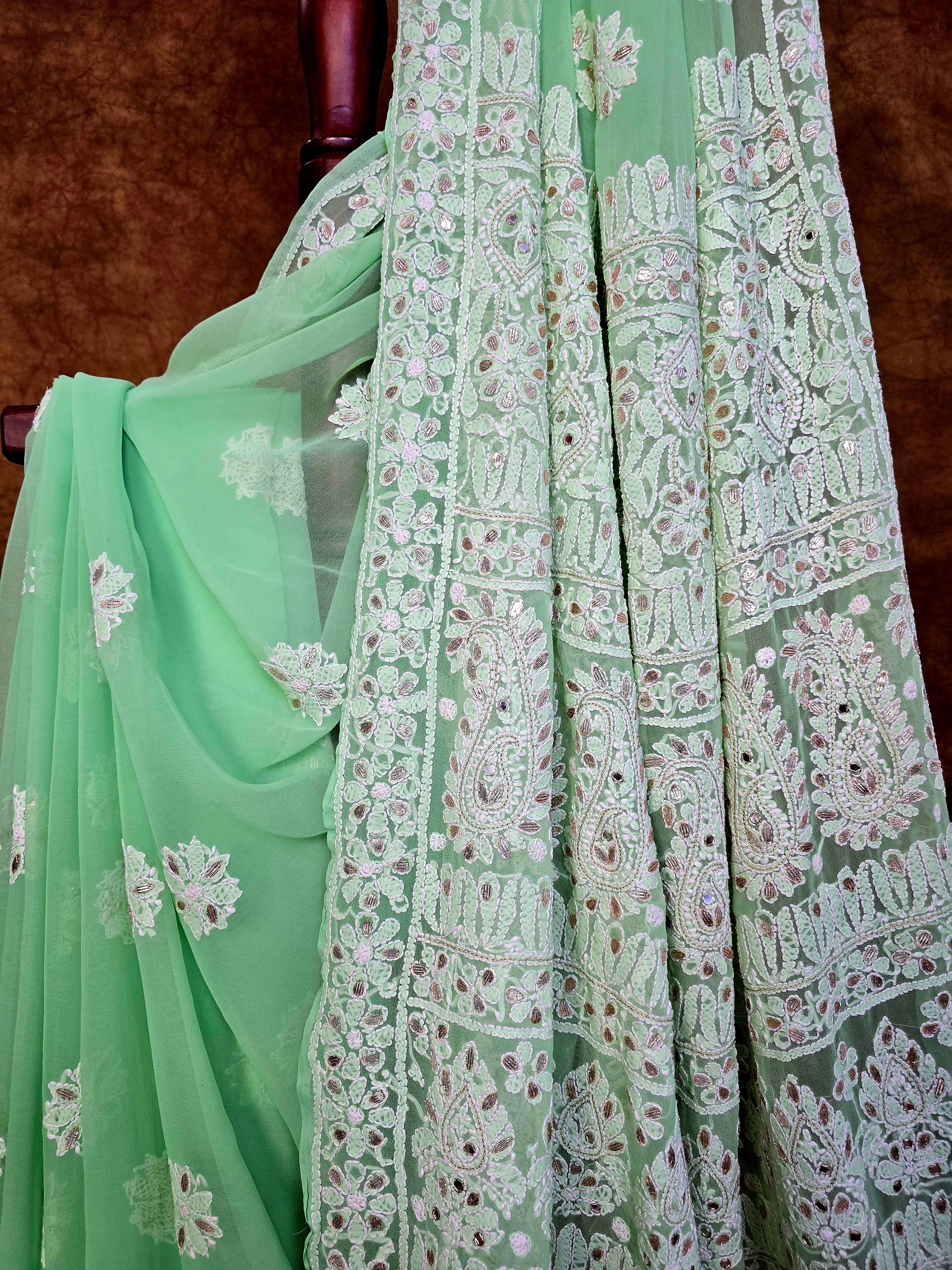 Green Chiffon Lucknowi Chikankari Saree with Gotta-Patti & Mirror Work