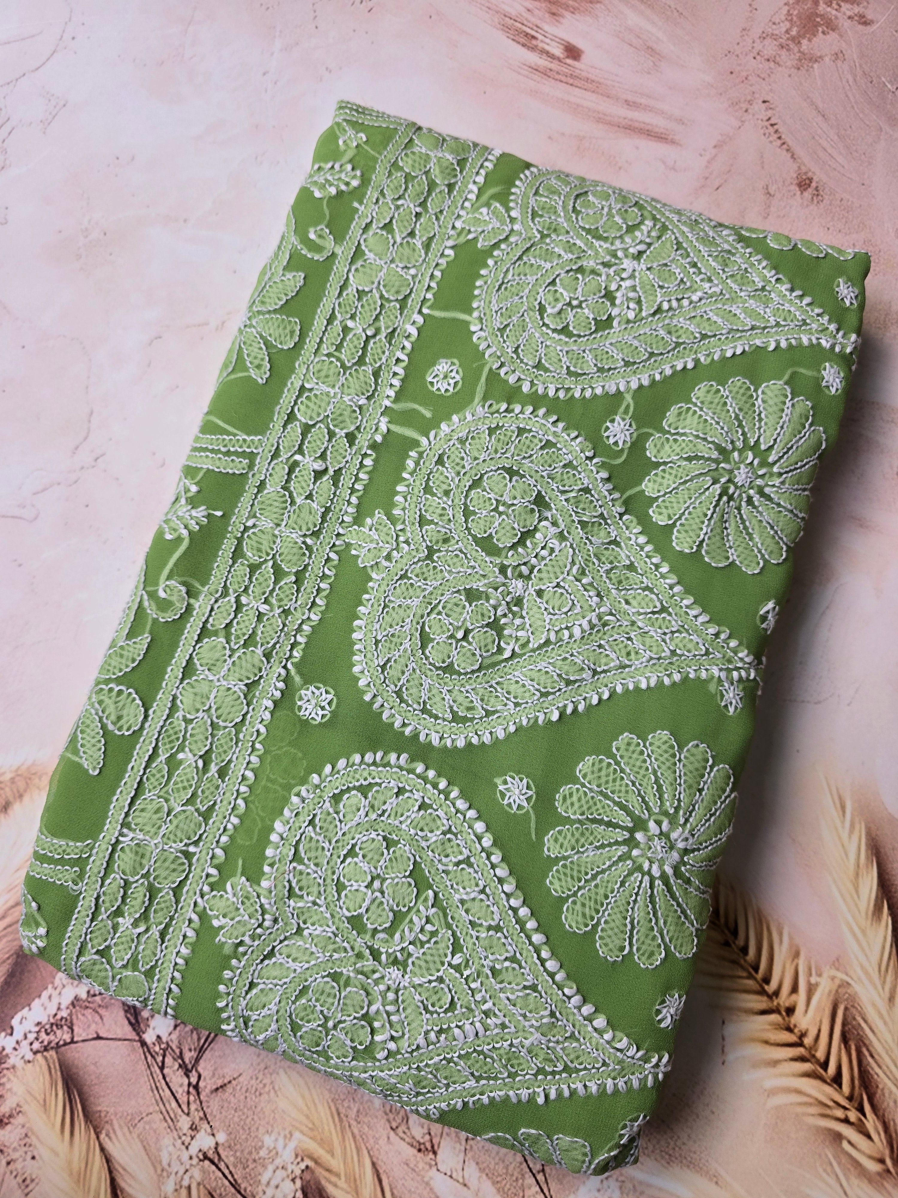 Stylish Green Chiffon Chikankari Saree with White Paan Design Pallu