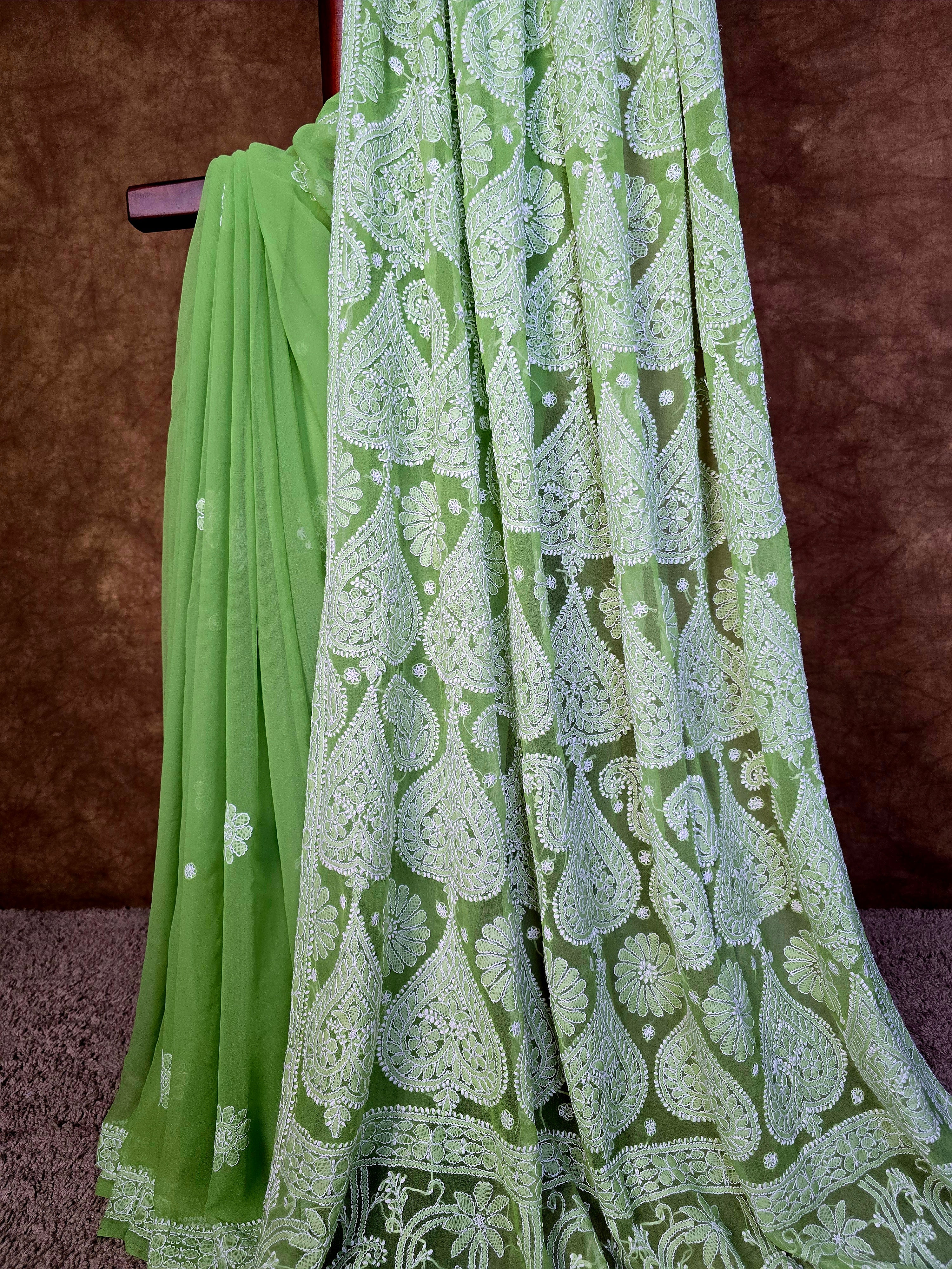 Stylish Green Chiffon Chikankari Saree with White Paan Design Pallu
