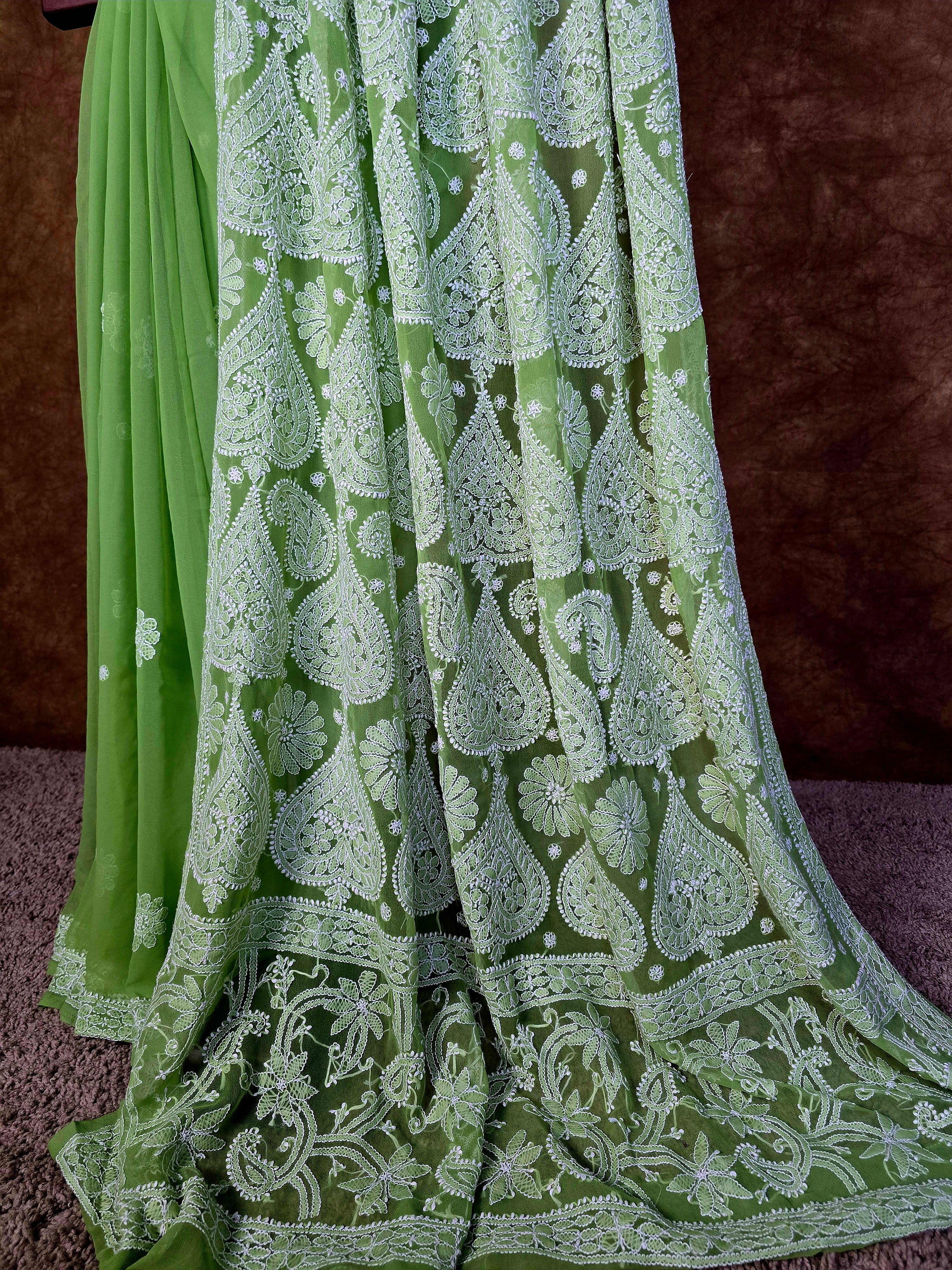 Stylish Green Chiffon Chikankari Saree with White Paan Design Pallu