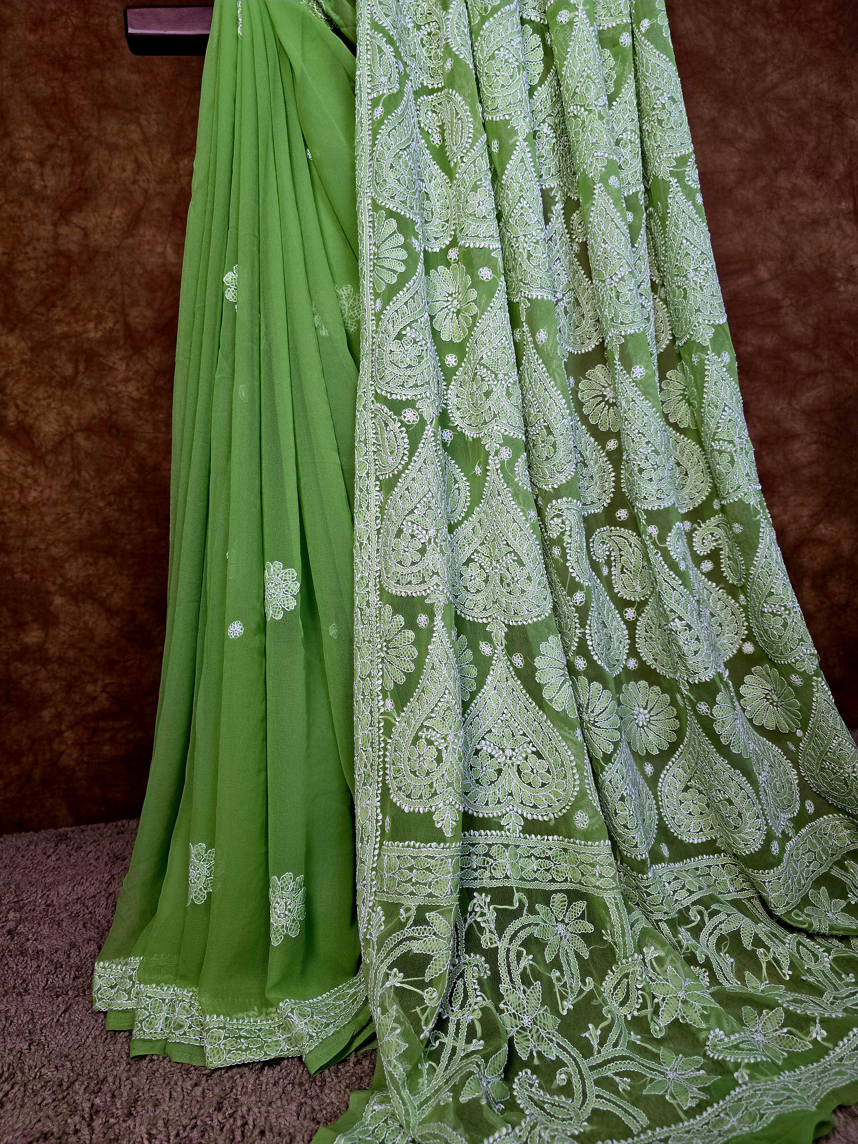 Stylish Green Chiffon Chikankari Saree with White Paan Design Pallu