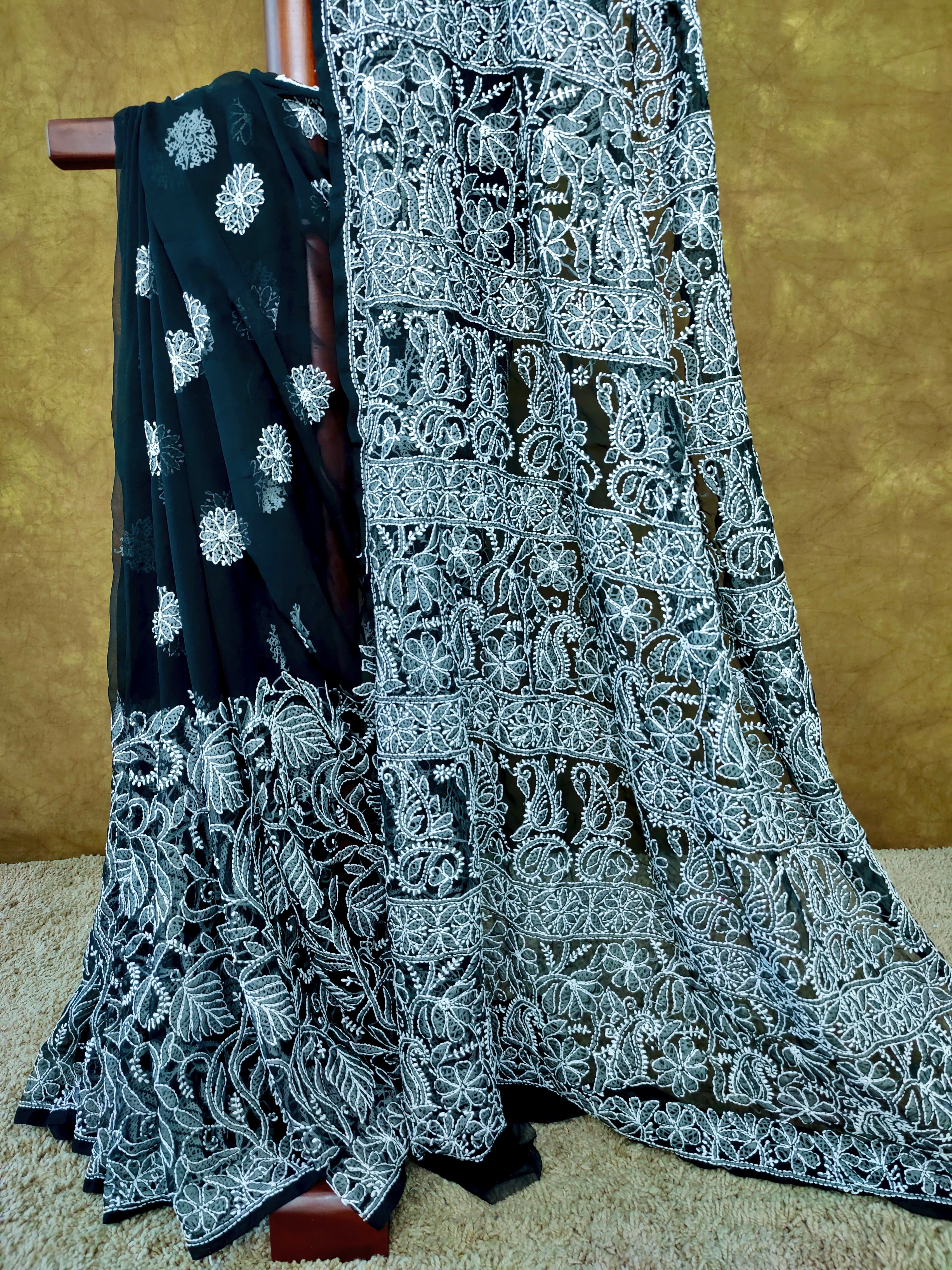 Black Chiffon Saree with White Chikankari Thread Work