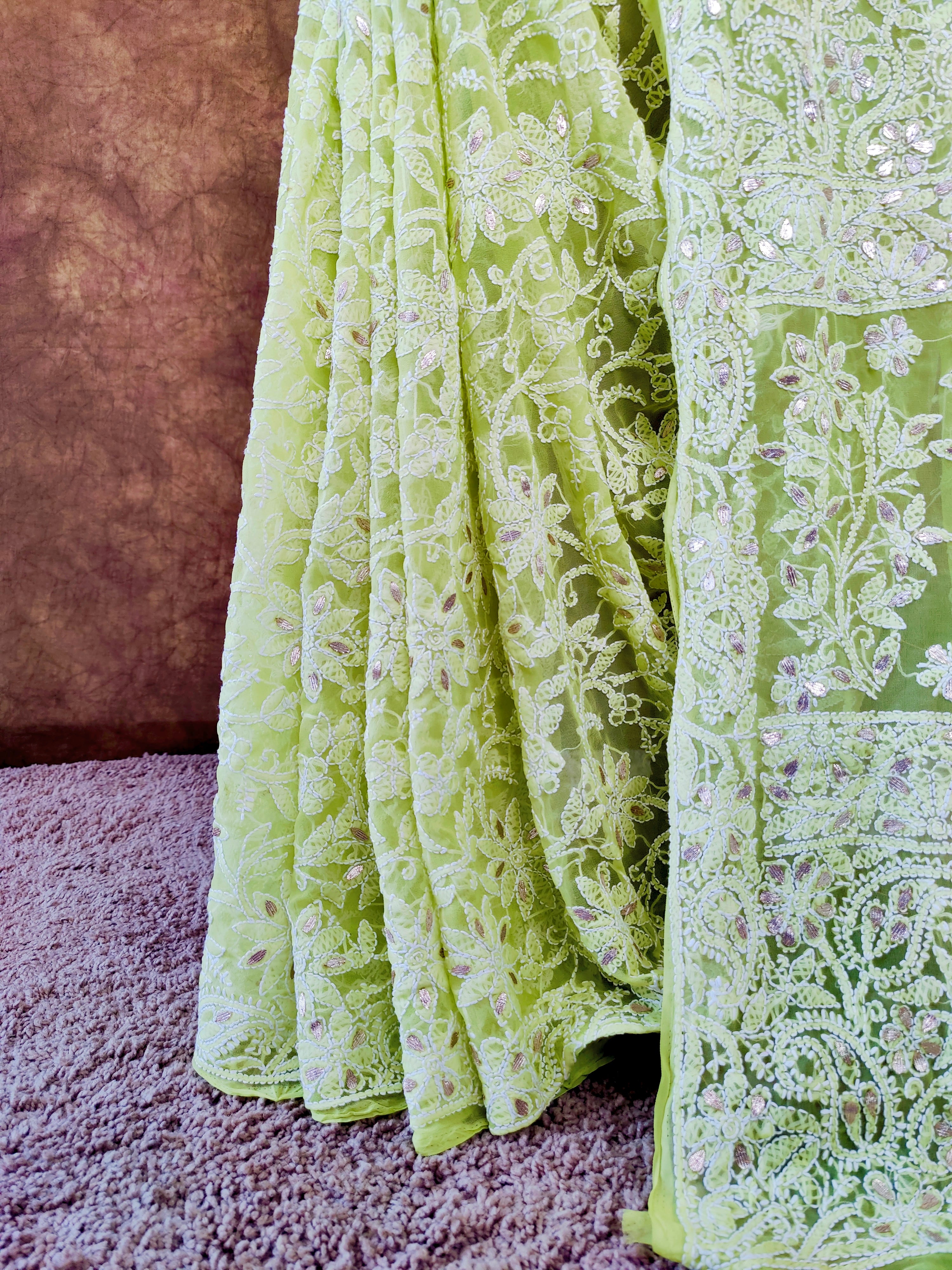 Pastel Green Chiffon Lucknowi Chikankari Saree with Full Jaal & Gota Patti Detailing