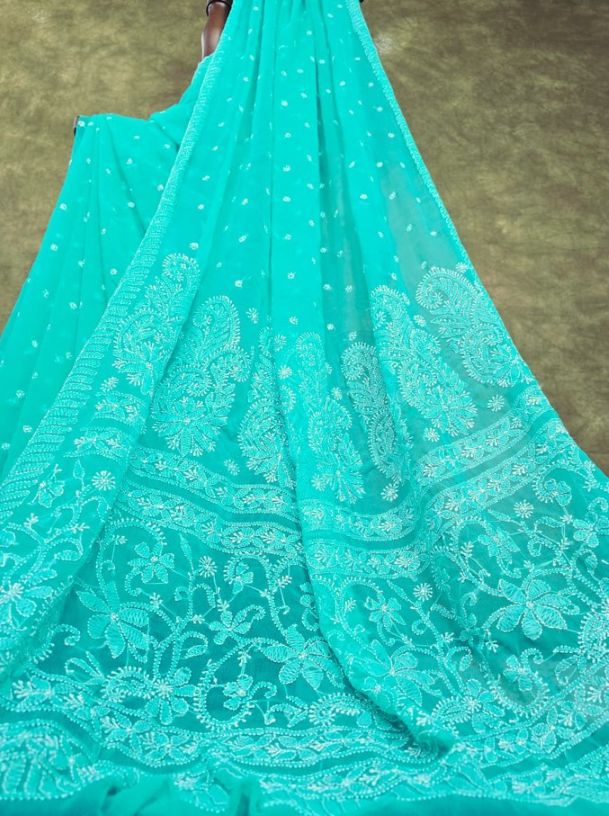 Sea Green Chikankari Resham Threadwork Saree | HASTWEAVE