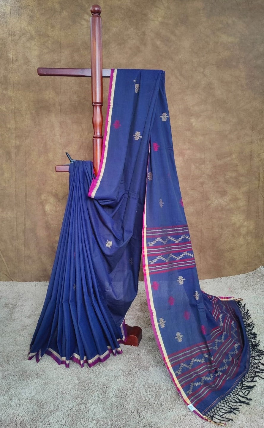 Blue cotton Jamdani saree with red and yellow motifs