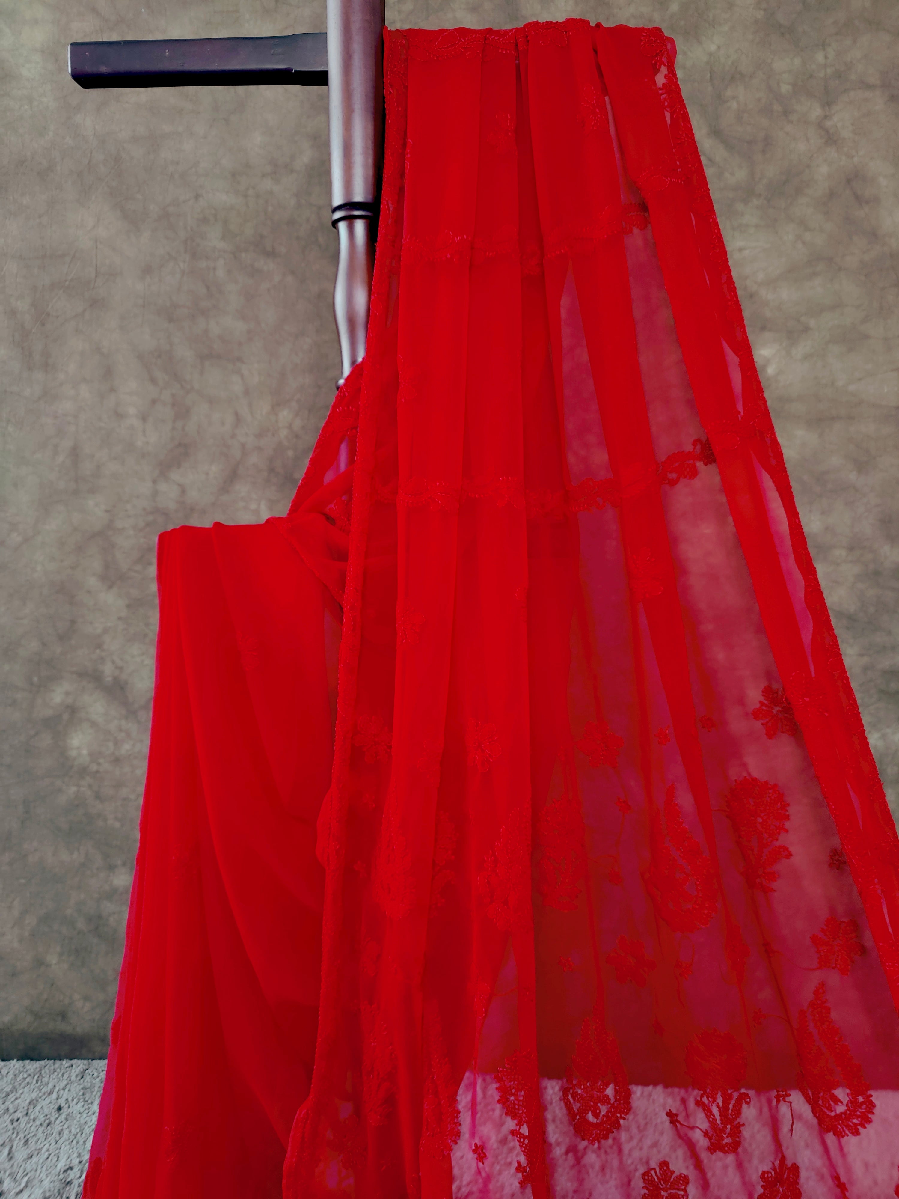 Red Chikankari Saree in Breezy Chiffon - Festive Vibes