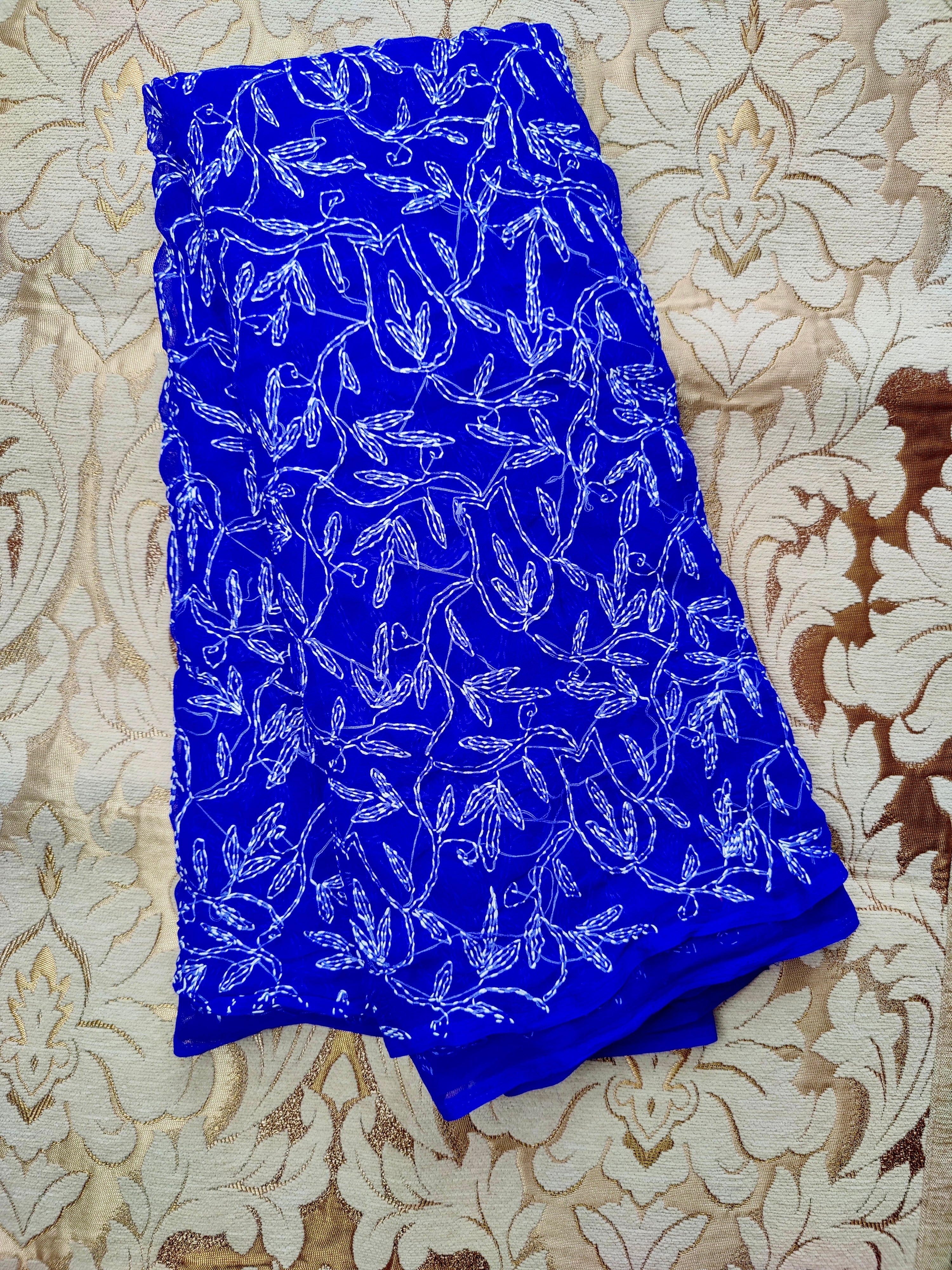 Dark Blue Chiffon Tepchi Chikankari Saree
