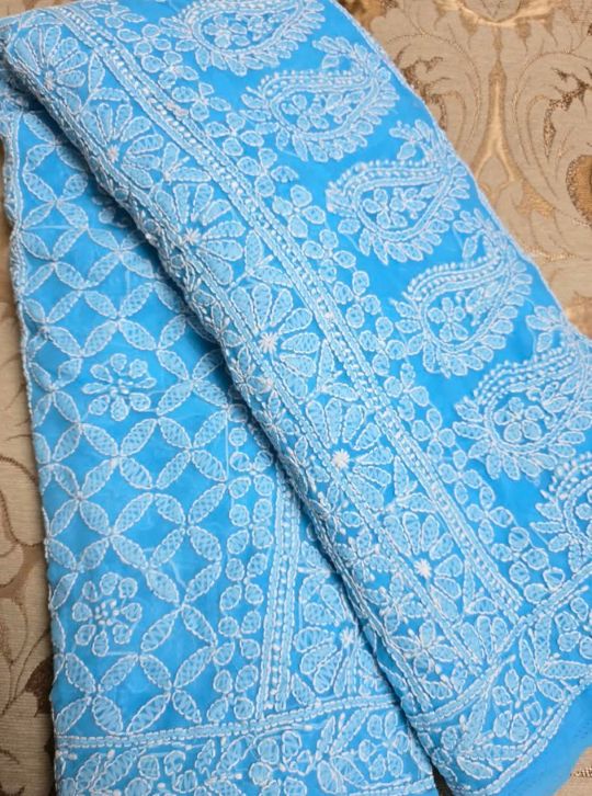 Skyfall Blue Handcrafted Lucknowi Chikankari Chiffon Saree