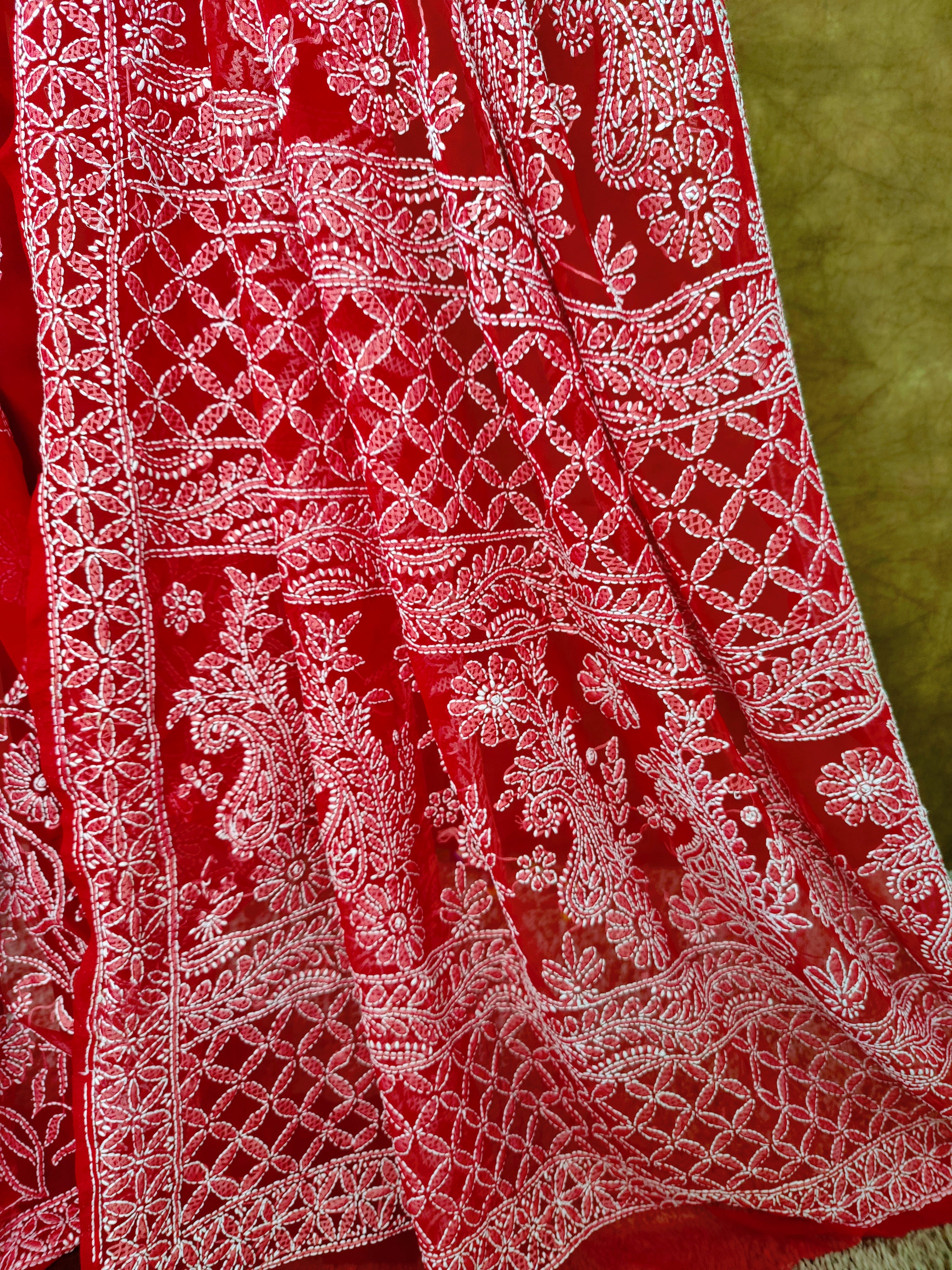 Elegant Red Chiffon Saree with White Thread Motifs – Perfect for Parties & Festivals
