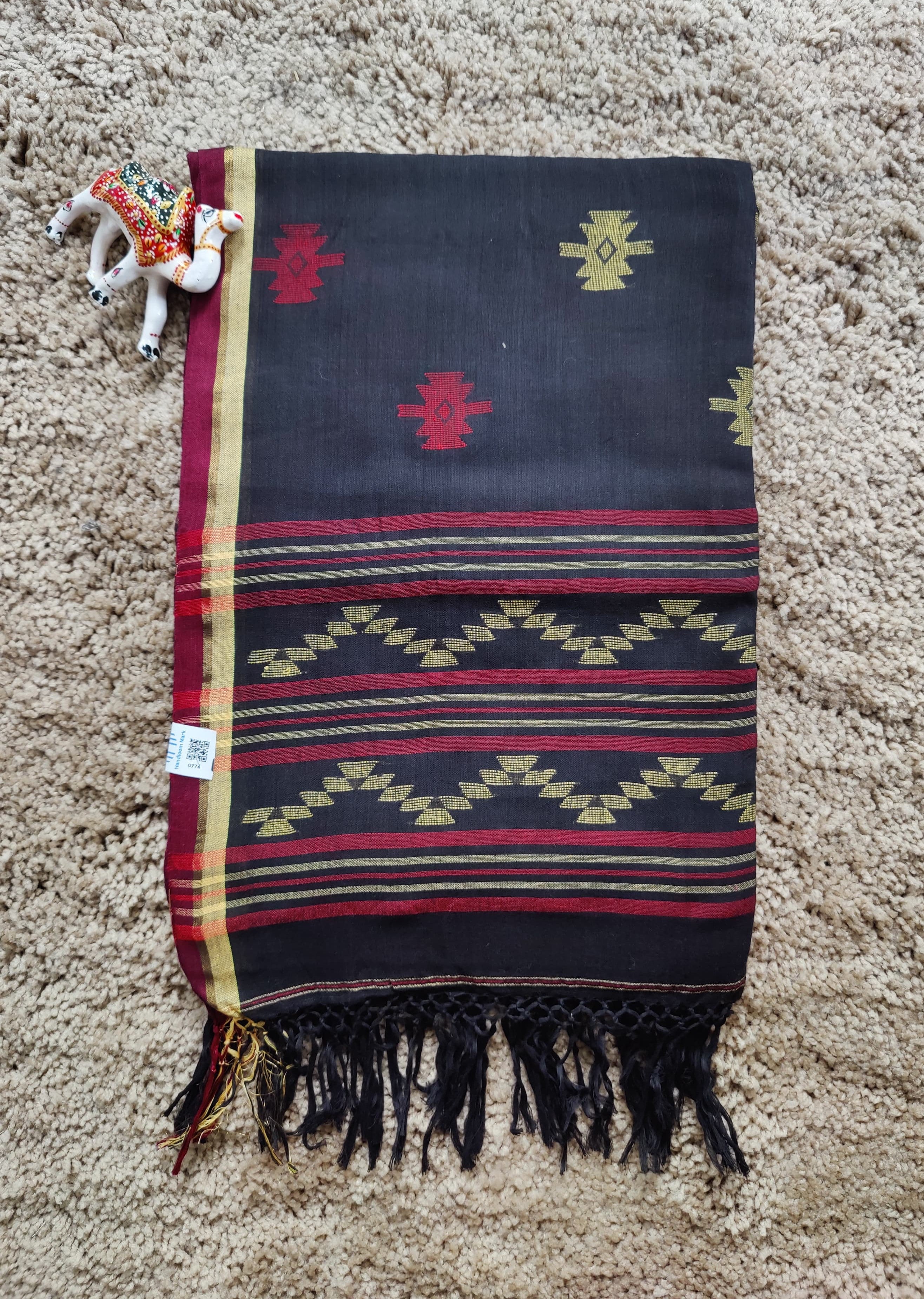 Black cotton Jamdani saree with red and yellow motifs