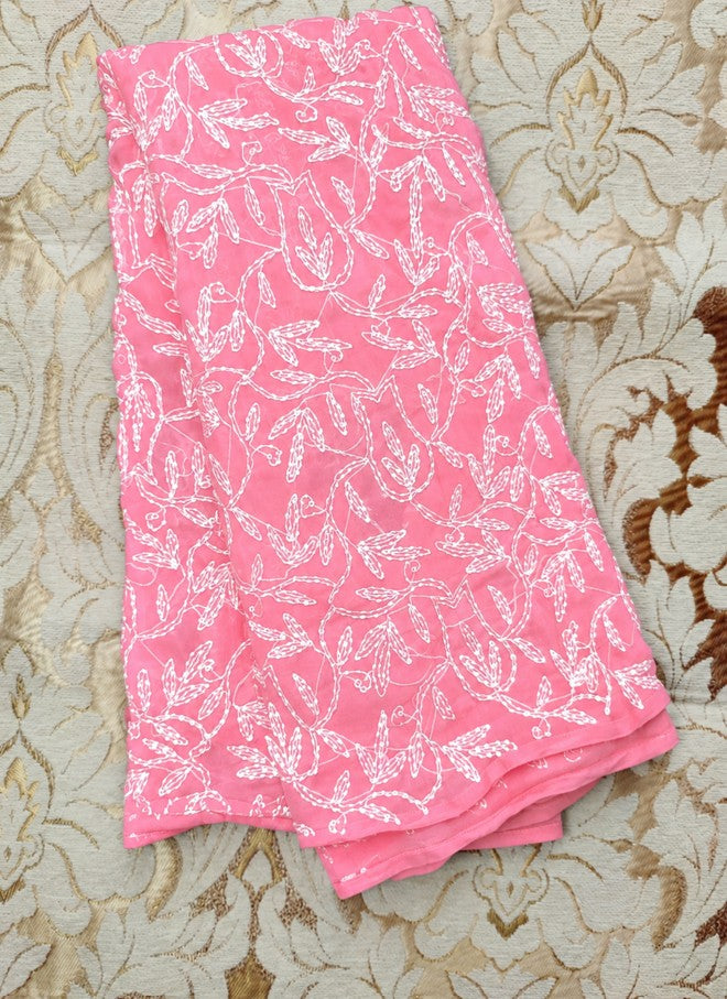 Pink Chiffon Handcrafted Tepchi Chikankari Saree