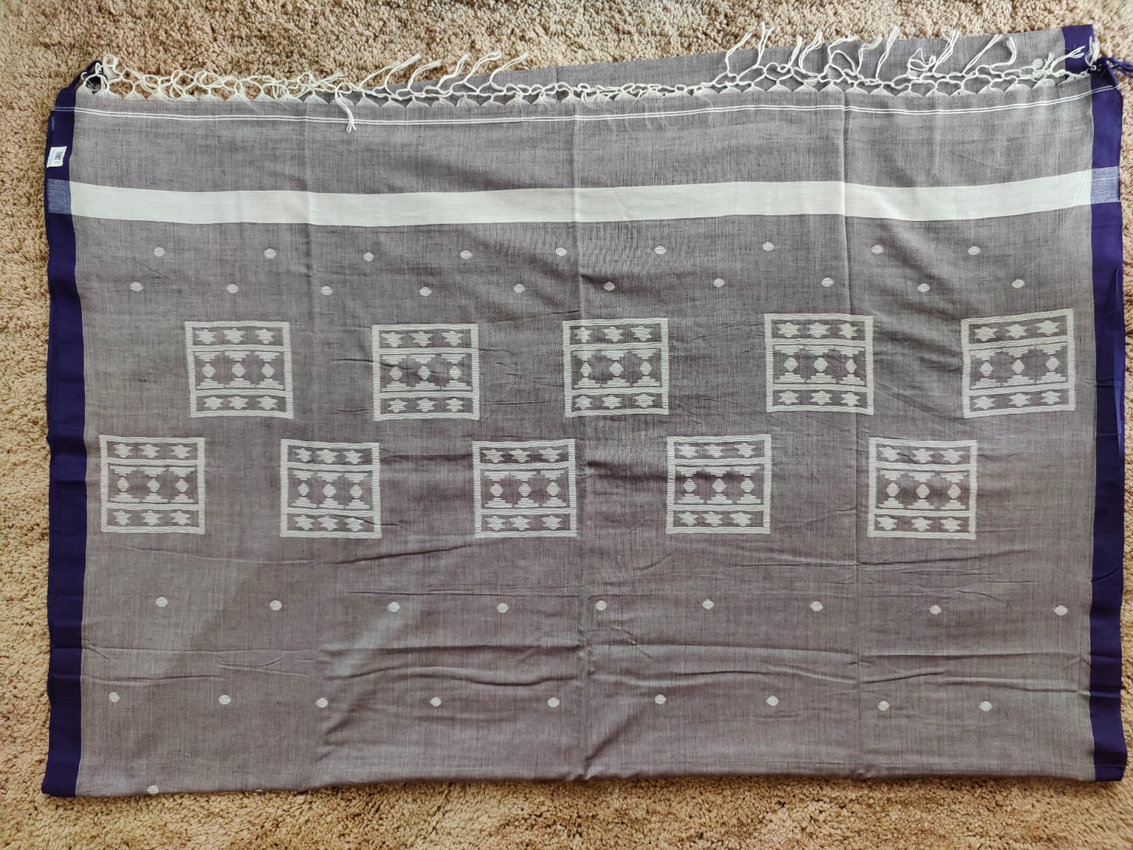 Grace in Grey: Handloom Cotton Saree with Blue Border & White Motifs