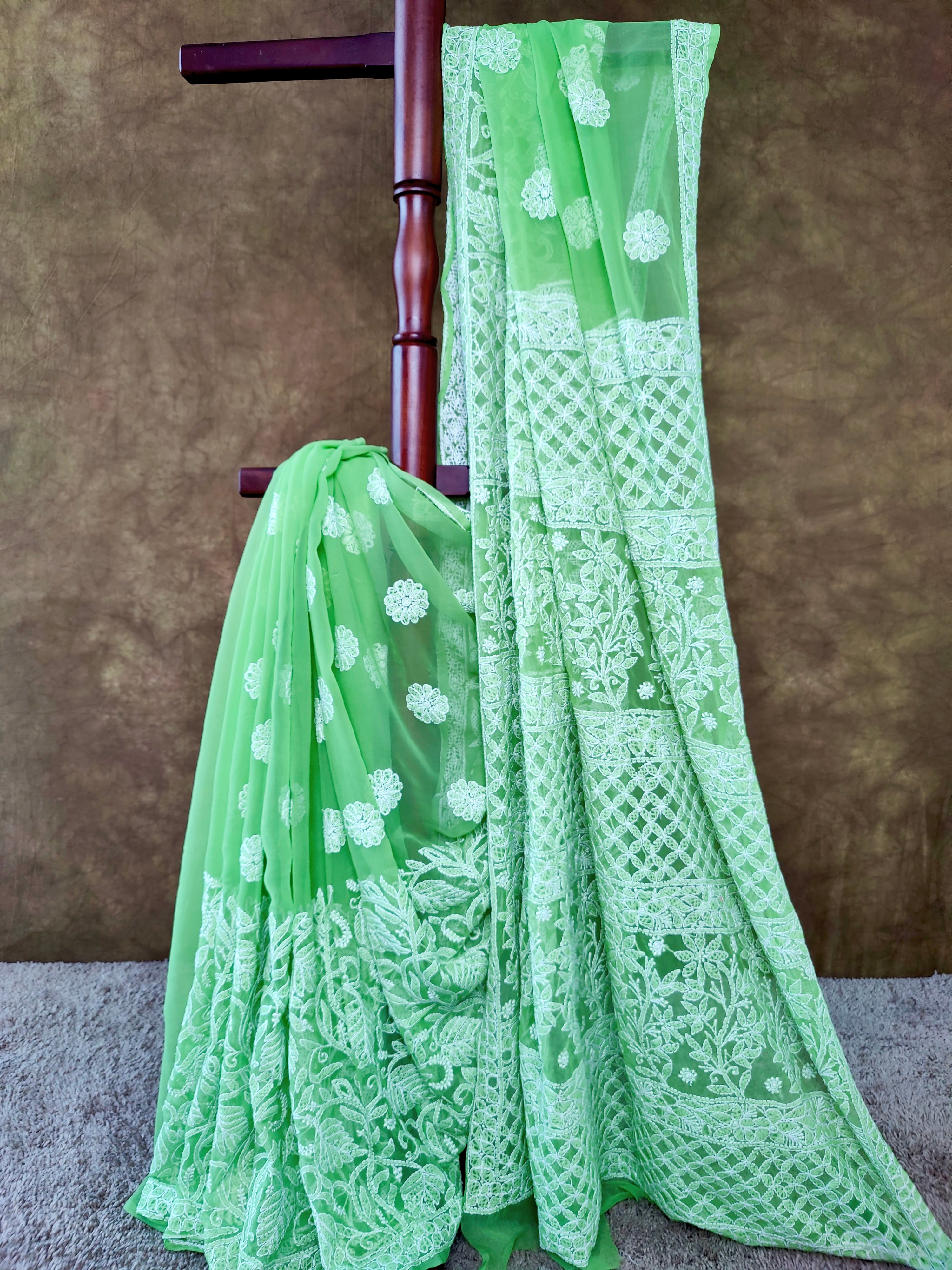 Light Green Chiffon Chikankari Saree