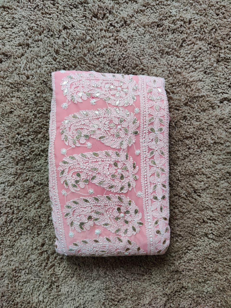 Baby Pink Chiffon Half Jaal Chikankari Saree with Gota-Patti work