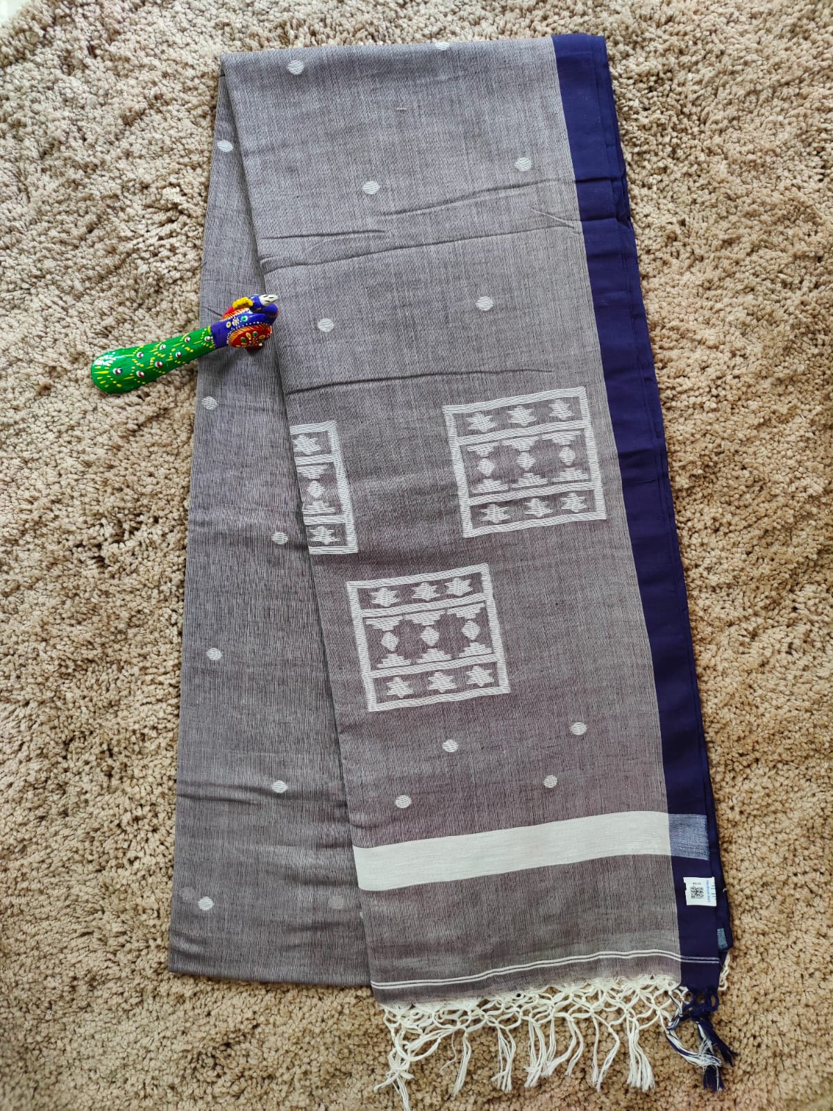 Grace in Grey: Handloom Cotton Saree with Blue Border & White Motifs