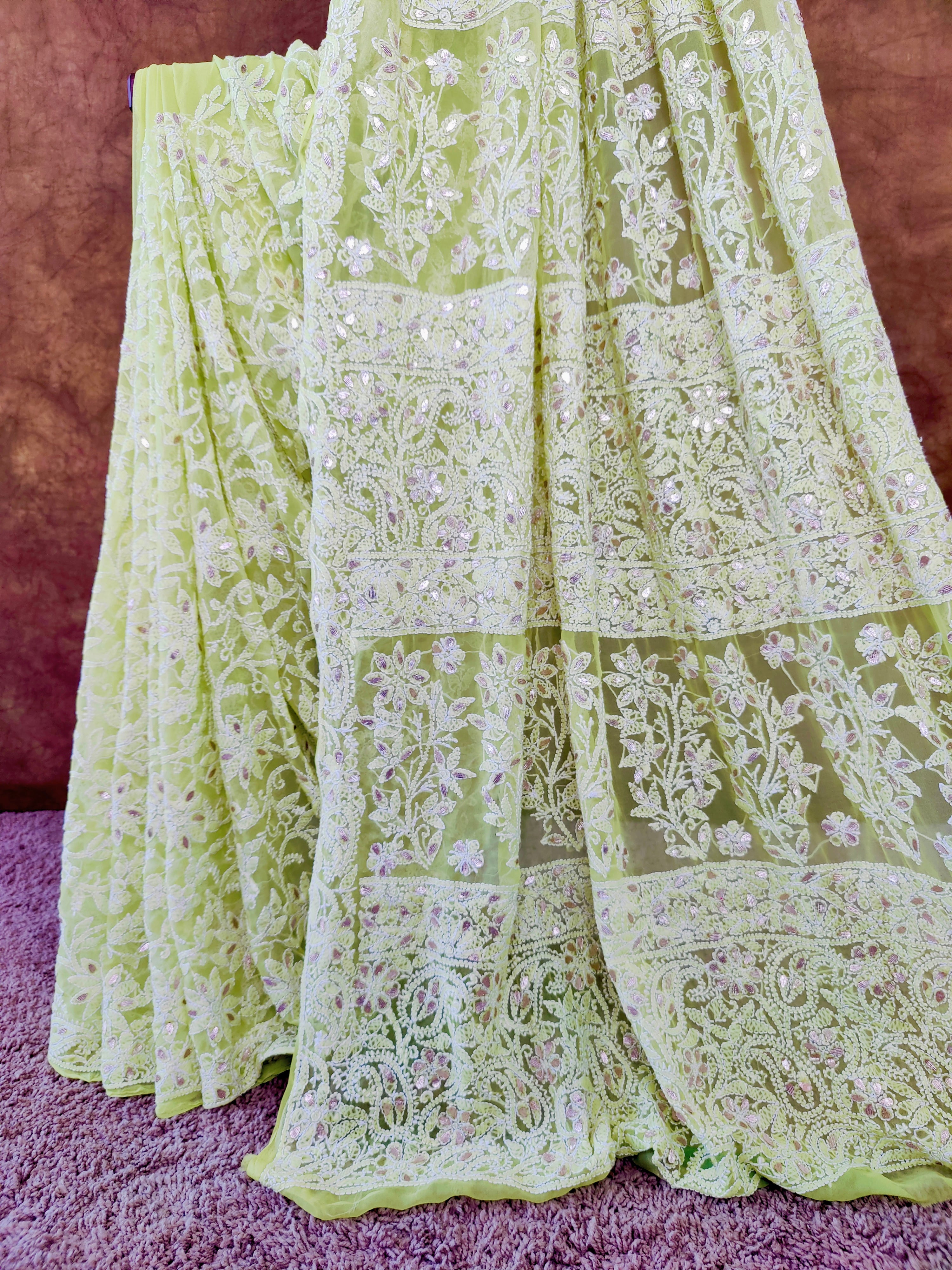 Pastel Green Chiffon Lucknowi Chikankari Saree with Full Jaal & Gota Patti Detailing