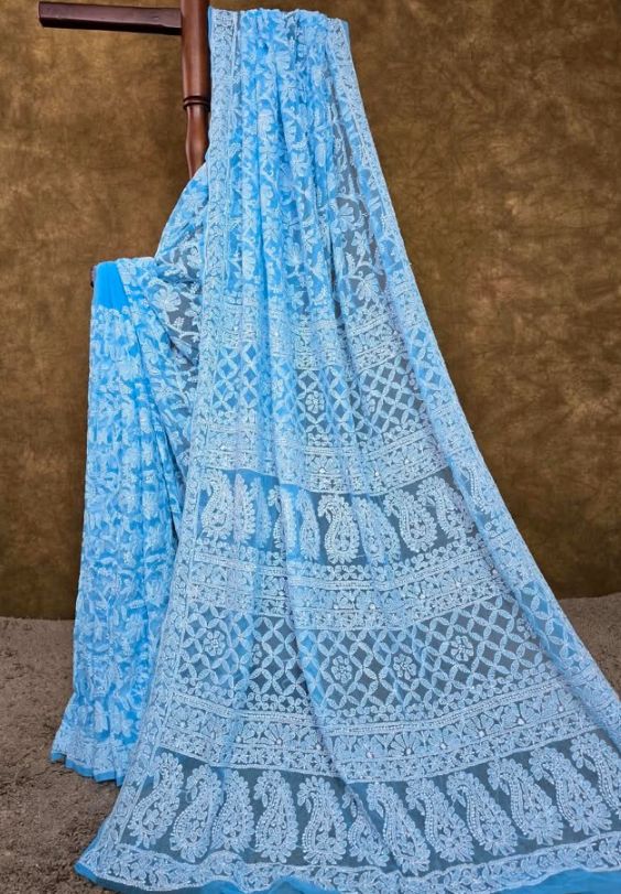 Skyfall Blue Handcrafted Lucknowi Chikankari Chiffon Saree