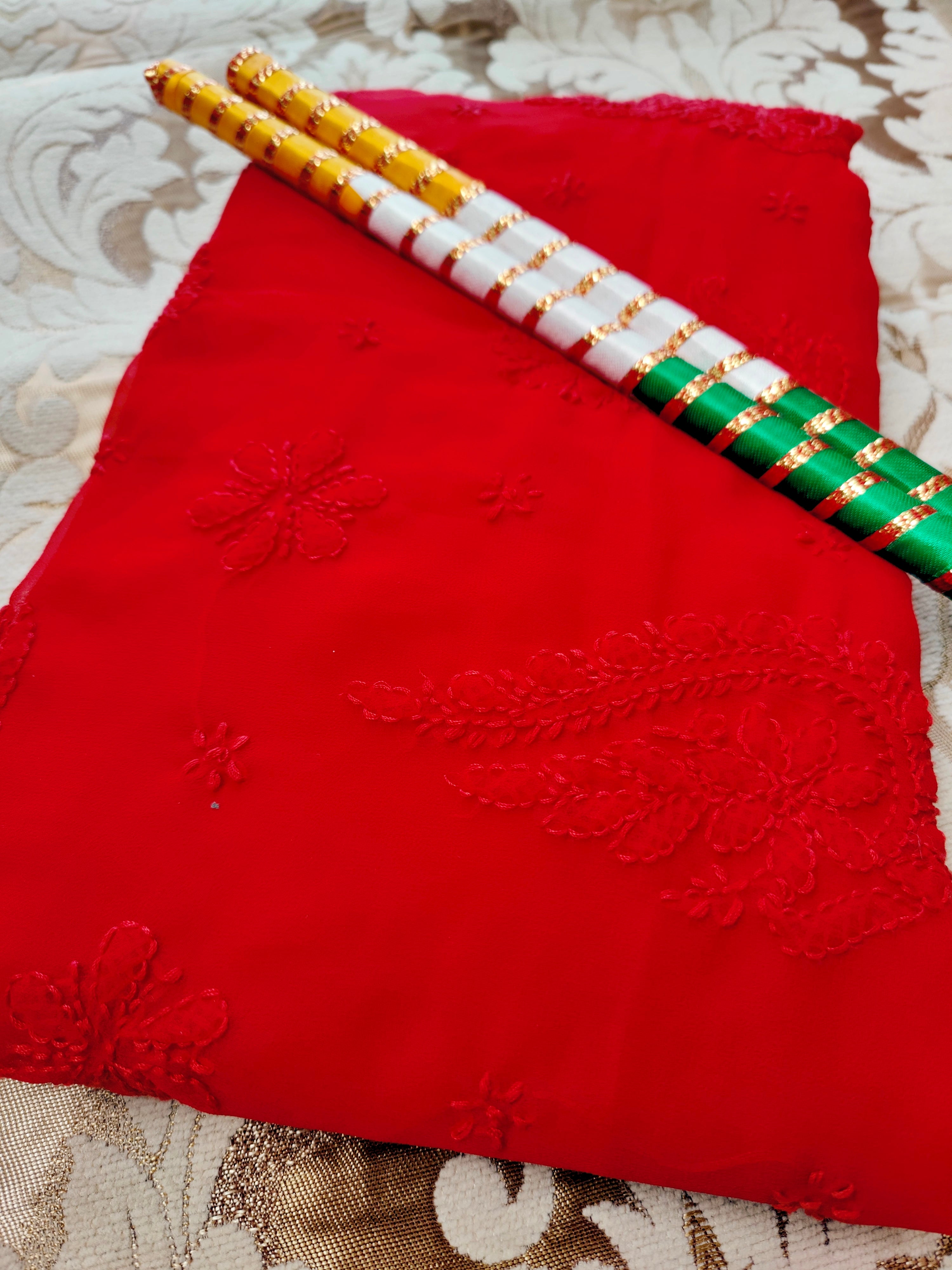 Red Chikankari Saree in Breezy Chiffon - Festive Vibes