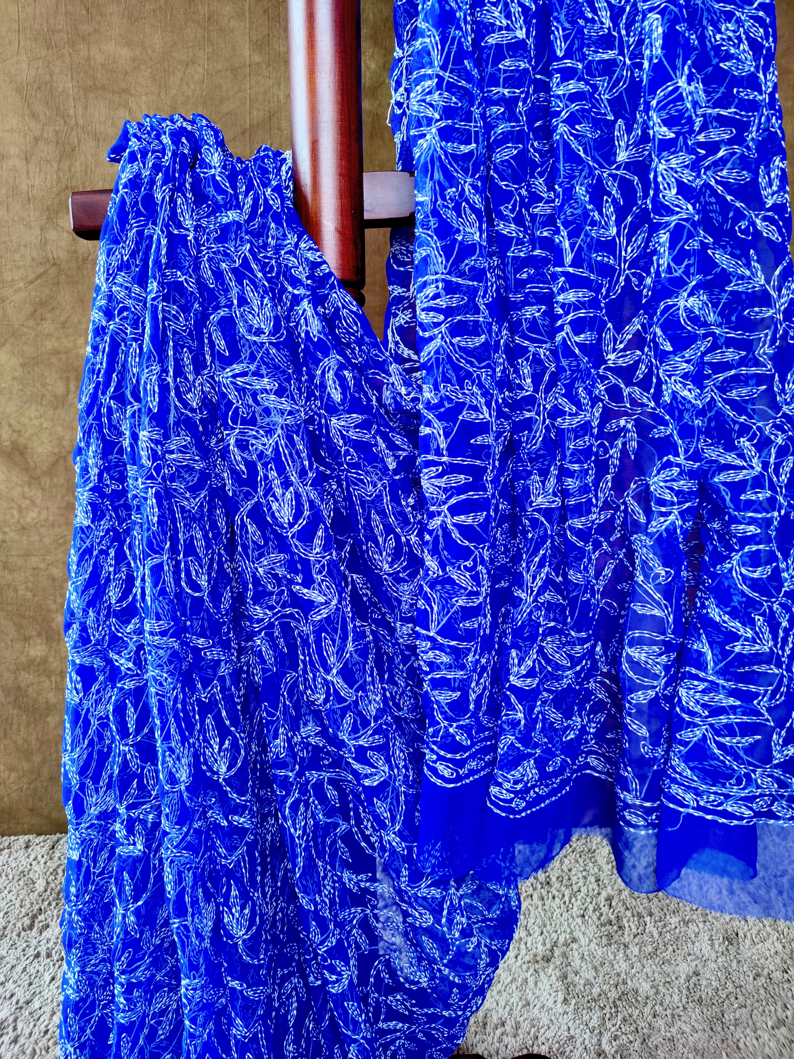 Dark Blue Chiffon Tepchi Chikankari Saree