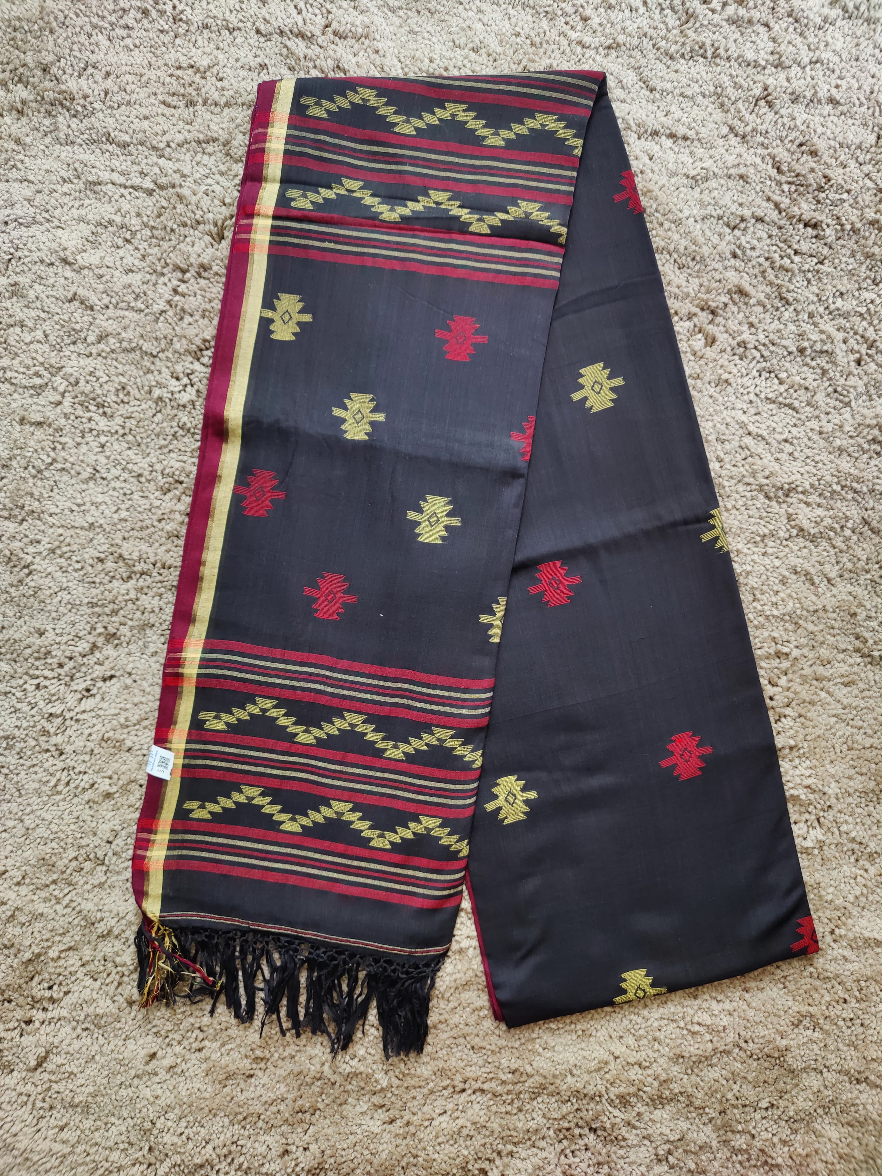 Black cotton Jamdani saree with red and yellow motifs