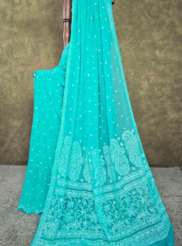 Sea Green Lucknowi Chikankari Resham Threadwork Saree