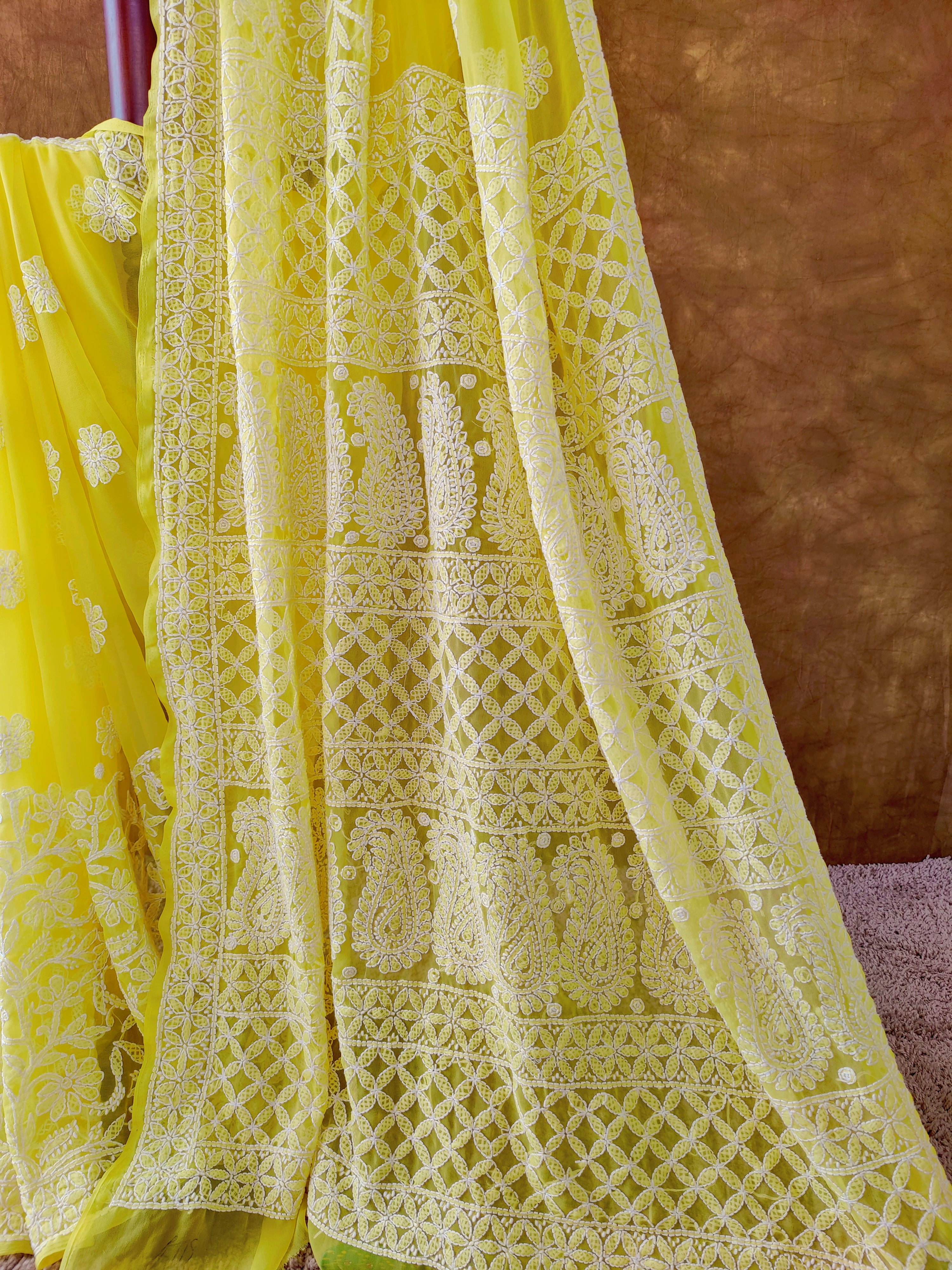 Yellow Chiffon Lucknowi Chikankari Saree with White Thread Work