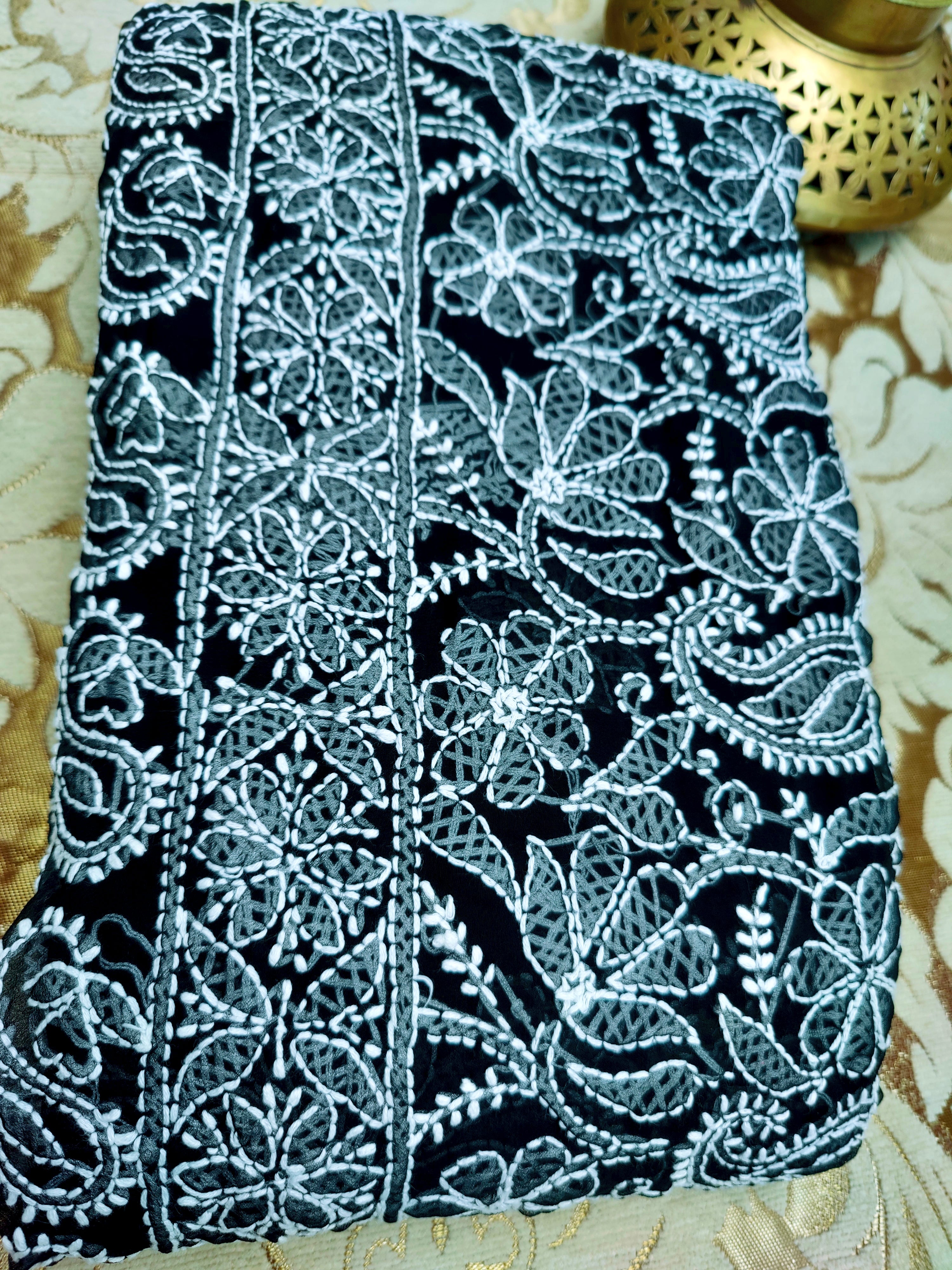 Black Chiffon Saree with White Chikankari Thread Work