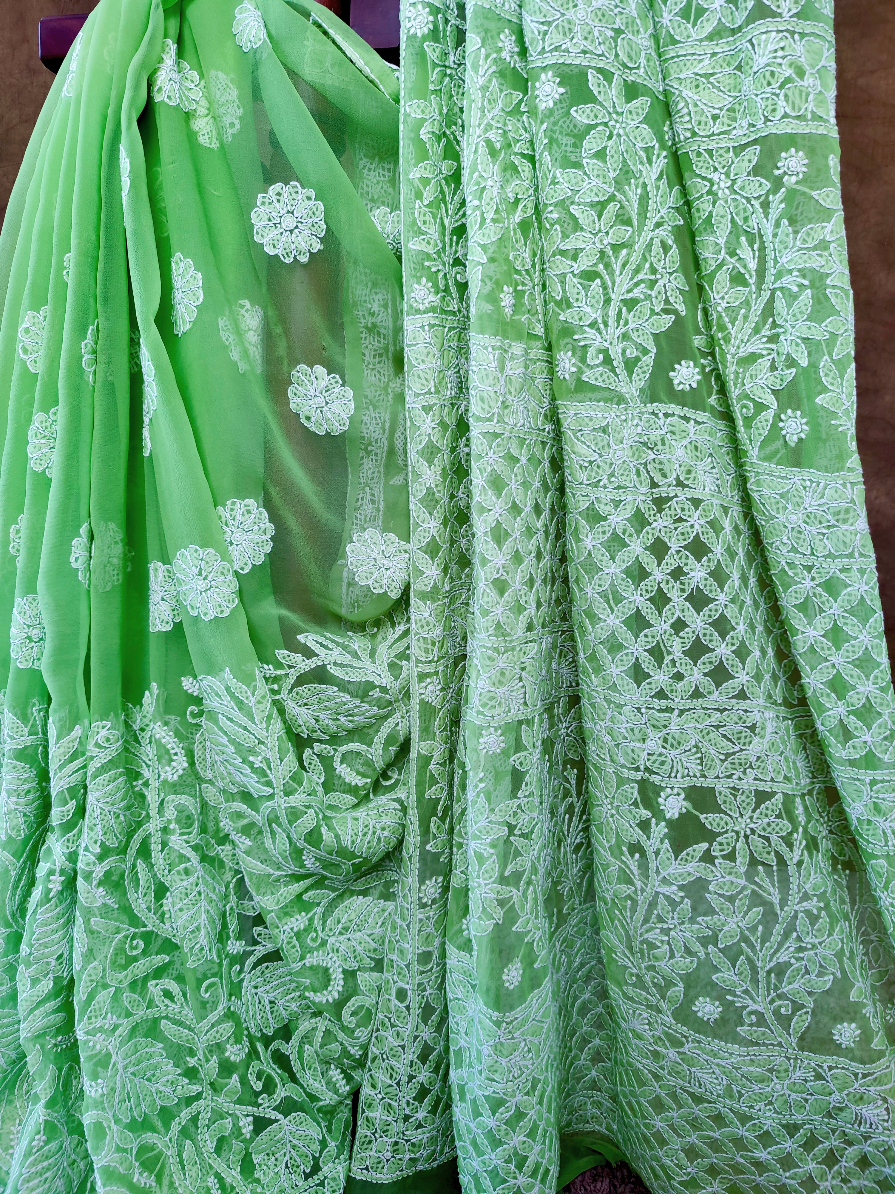 Light Green Chiffon Chikankari Saree