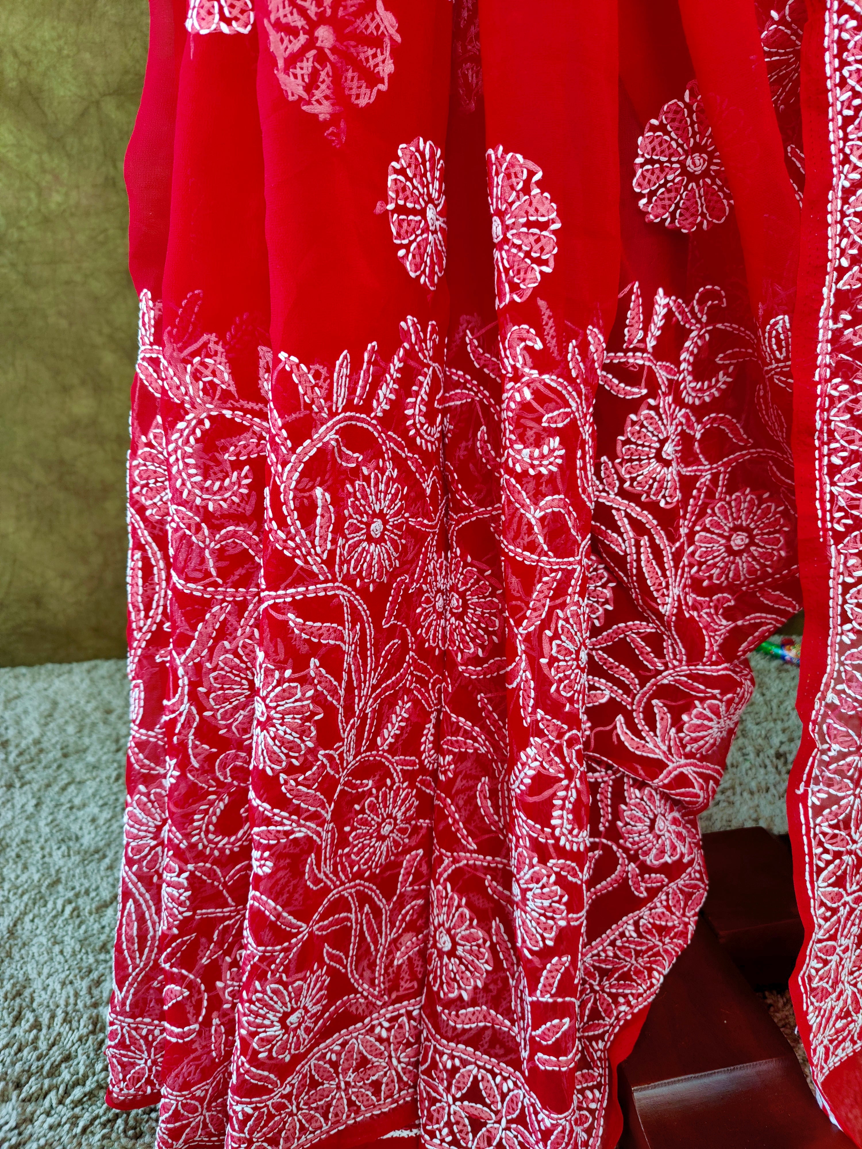 Elegant Red Chiffon Saree with White Thread Motifs – Perfect for Parties & Festivals