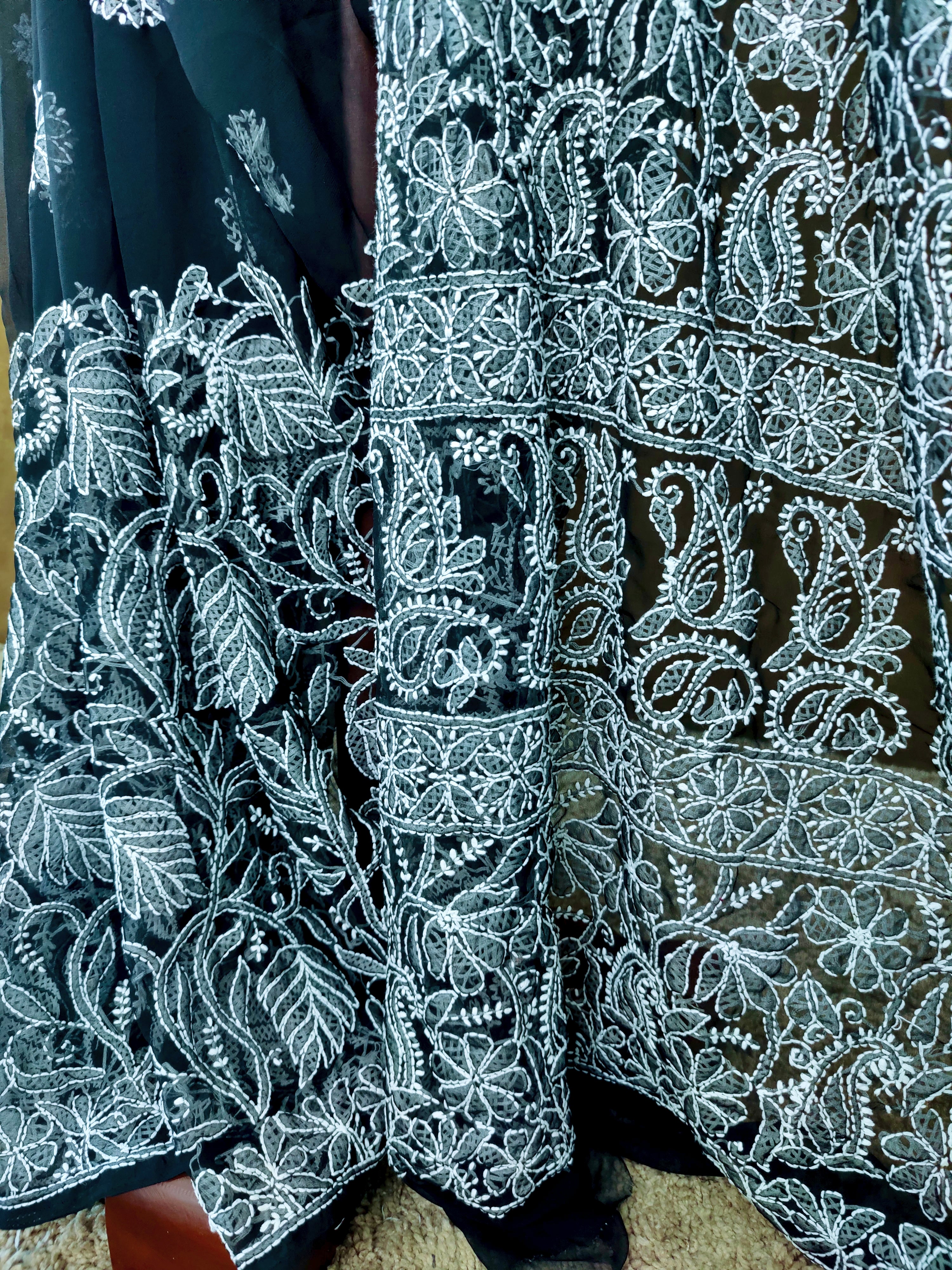 Black Chiffon Saree with White Chikankari Thread Work