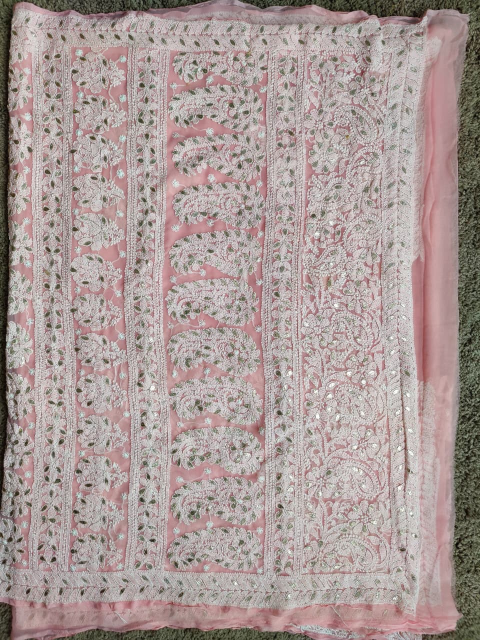 Baby Pink Chiffon Half Jaal Chikankari Saree with Gota-Patti work