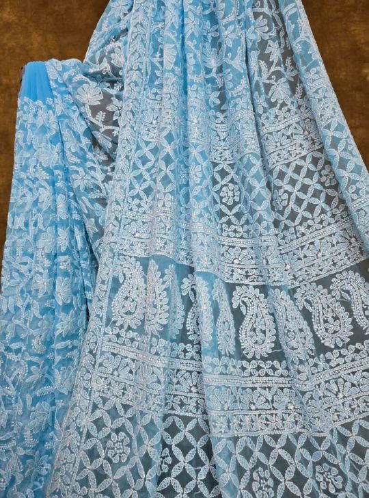 Skyfall Blue Handcrafted Lucknowi Chikankari Chiffon Saree