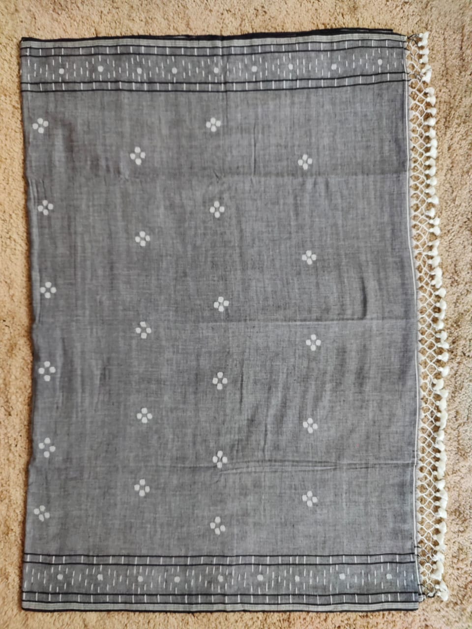 Grey cotton Jamdani saree with black border