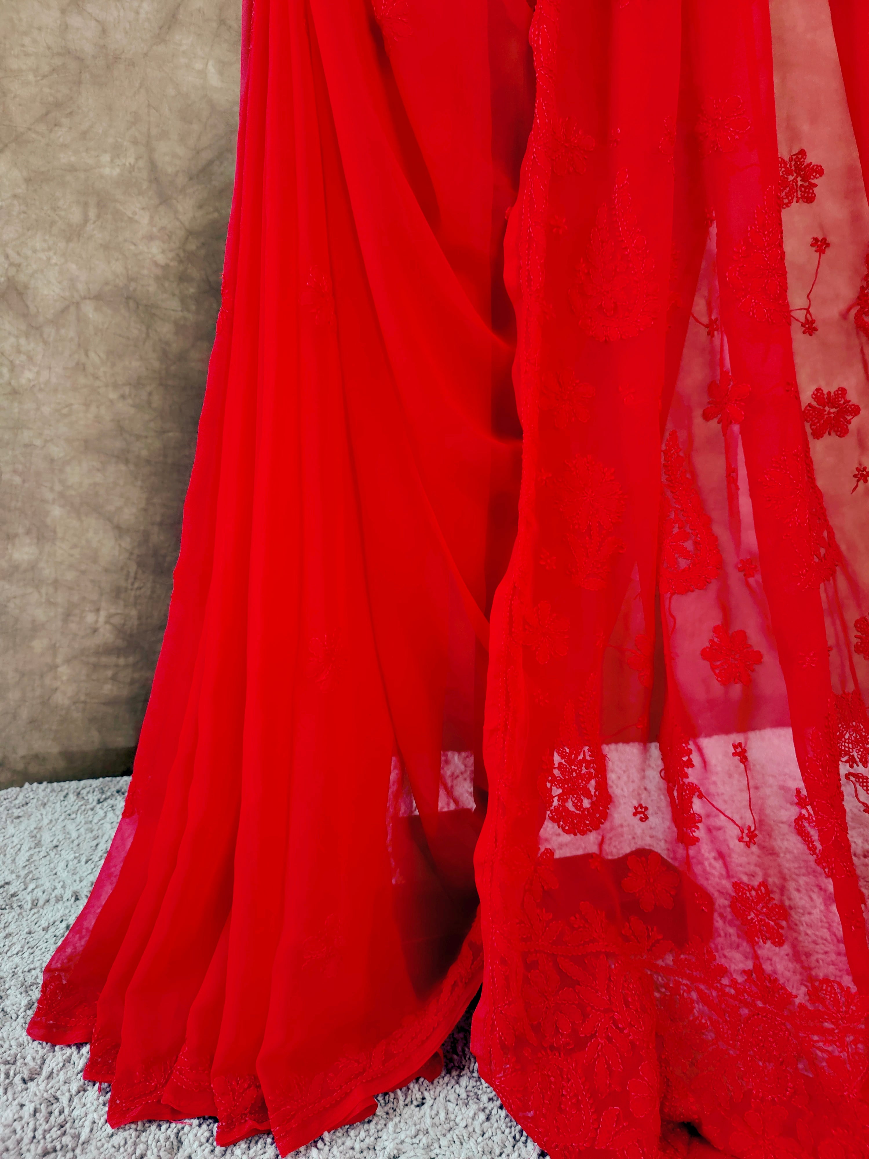 Red Chikankari Saree in Breezy Chiffon - Festive Vibes