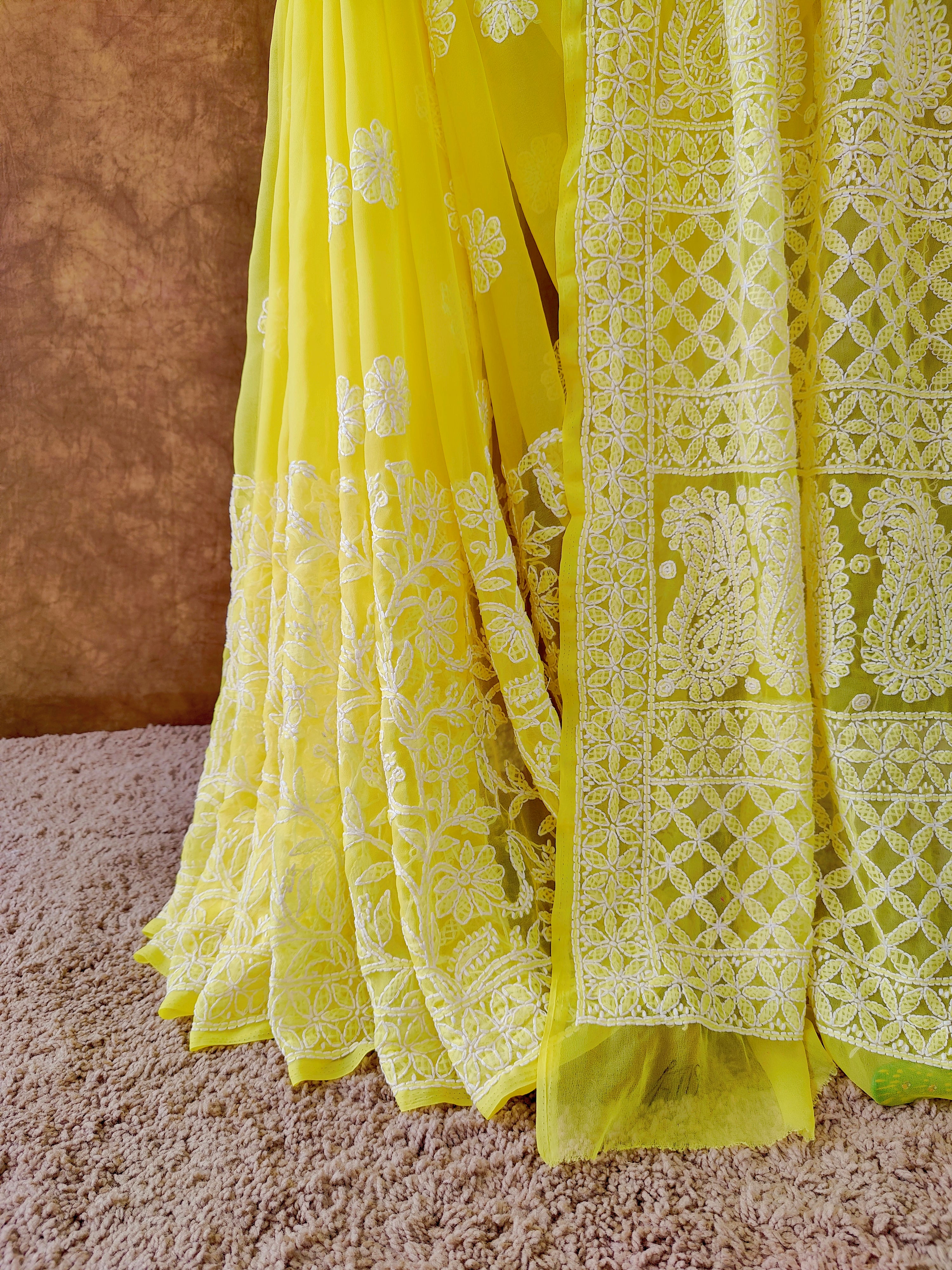 Yellow Chiffon Lucknowi Chikankari Saree with White Thread Work