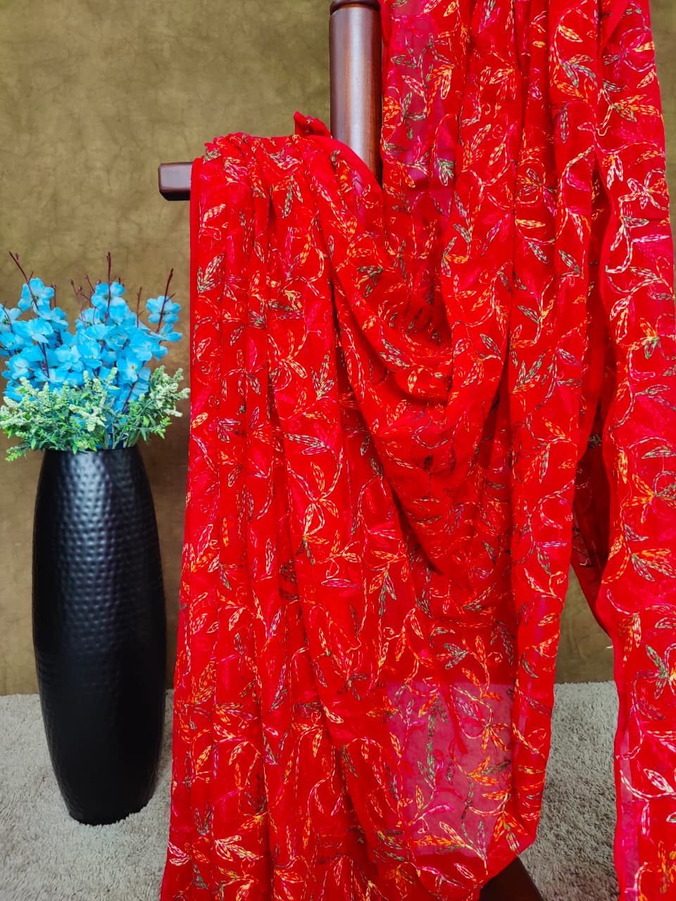 Red Chiffon Saree with Multi-colour Tepchi Chikankari
