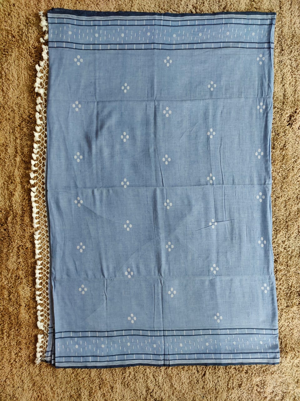 Sky blue cotton Jamdani saree with navy blue border