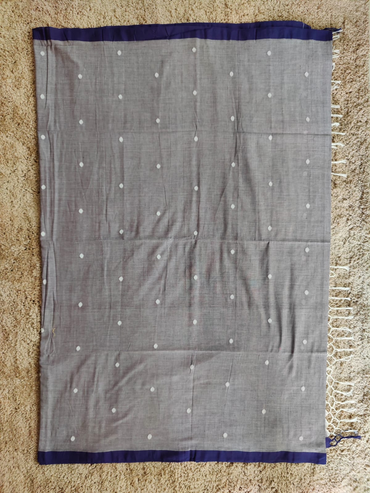 Grace in Grey: Handloom Cotton Saree with Blue Border & White Motifs