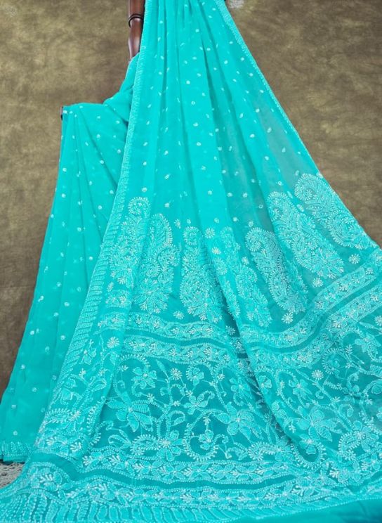 Chikankari Resham Threadwork Sea Green Saree
