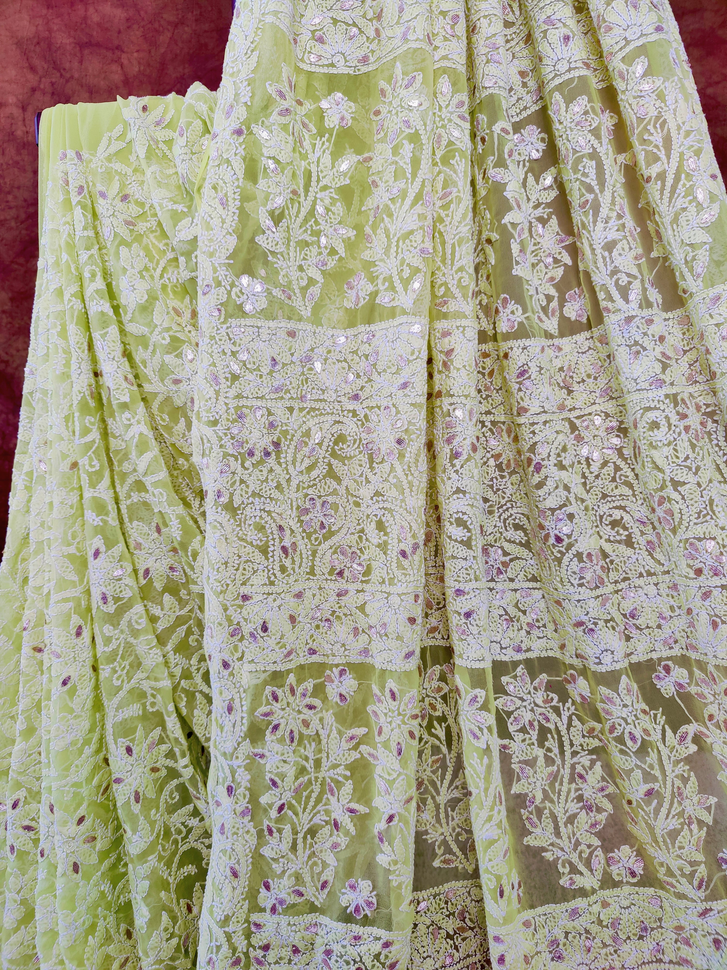 Pastel Green Chiffon Lucknowi Chikankari Saree with Full Jaal & Gota Patti Detailing