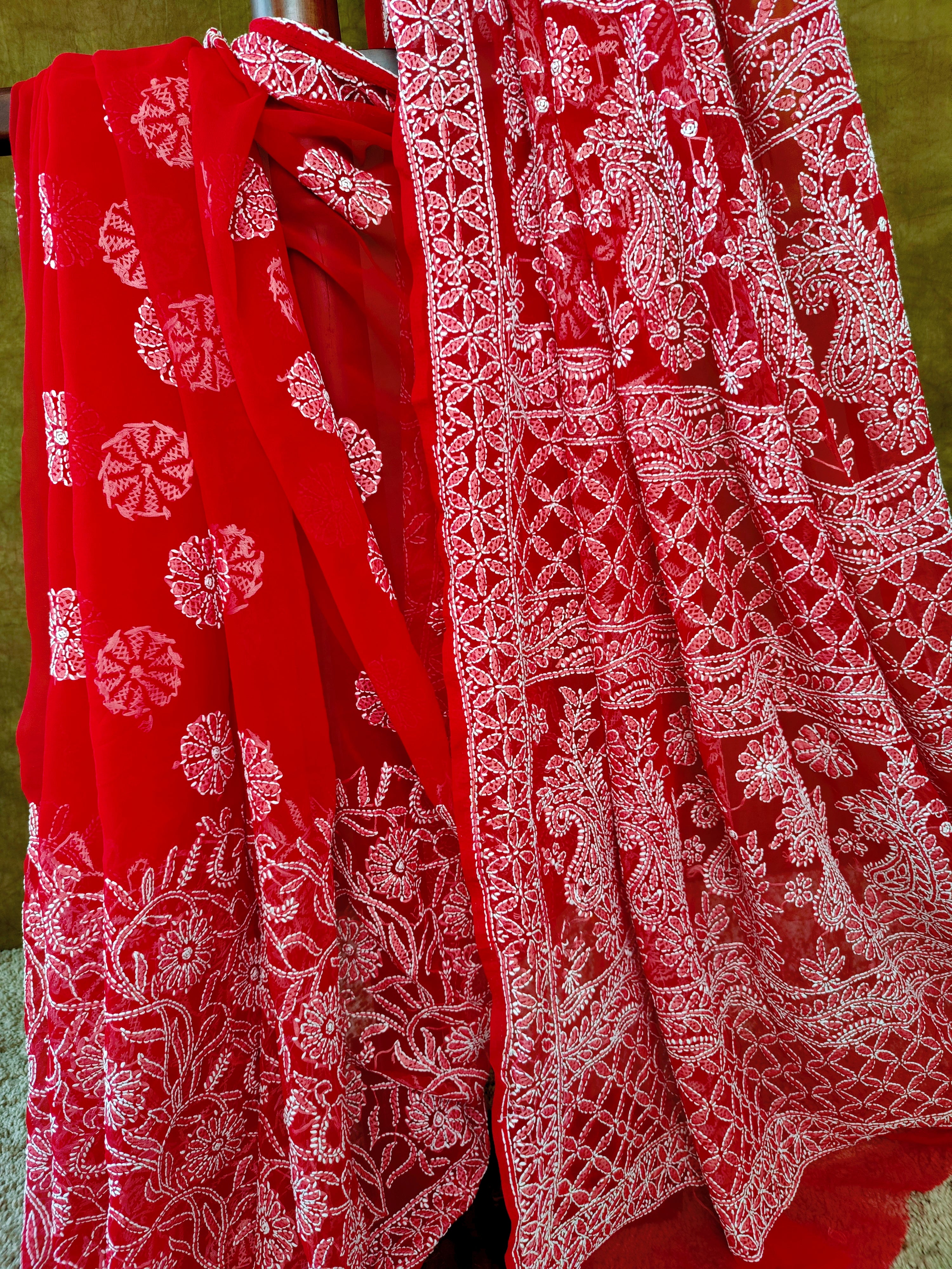Elegant Red Chiffon Saree with White Thread Motifs – Perfect for Parties & Festivals