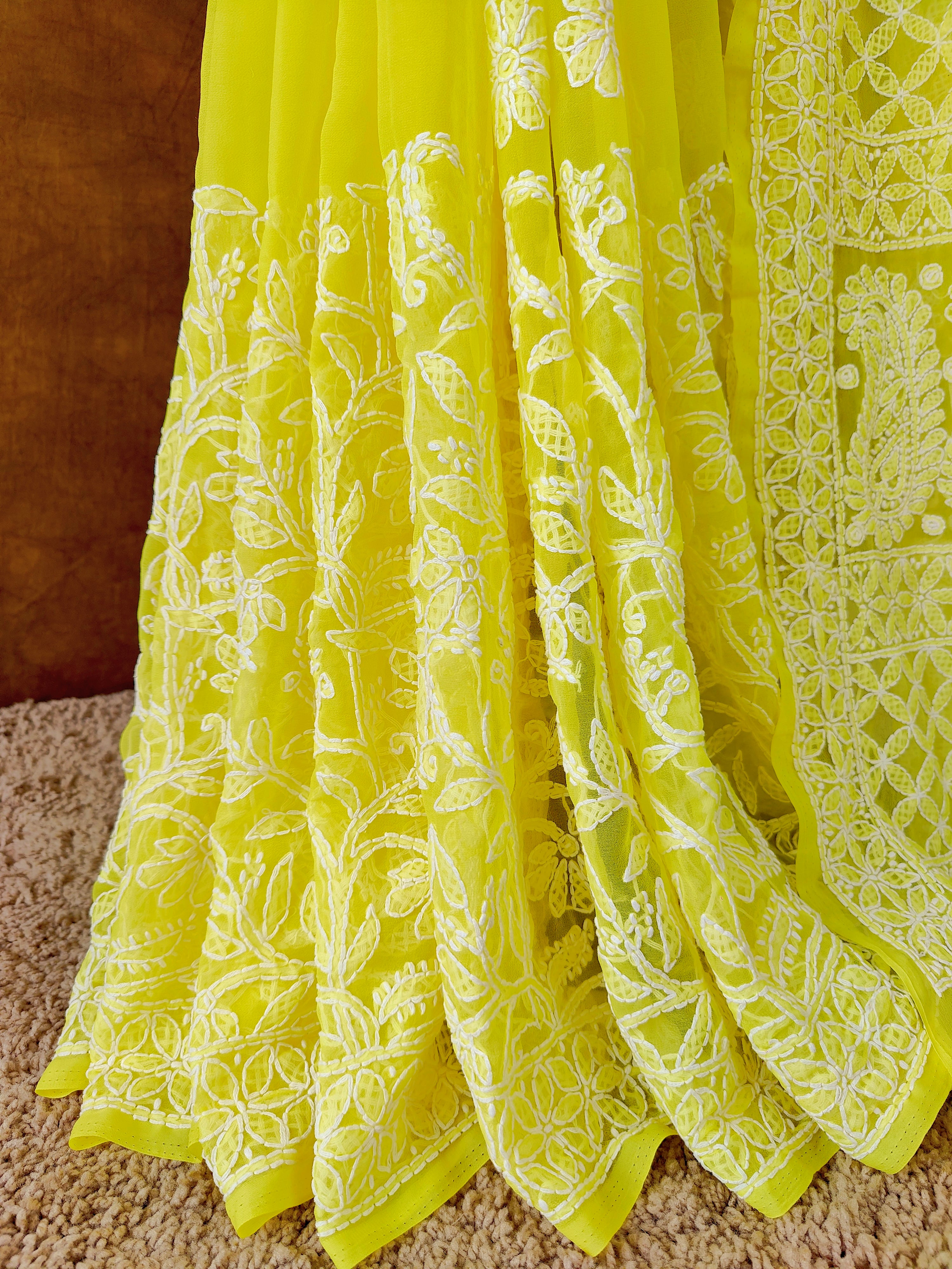 Yellow Chiffon Lucknowi Chikankari Saree with White Thread Work