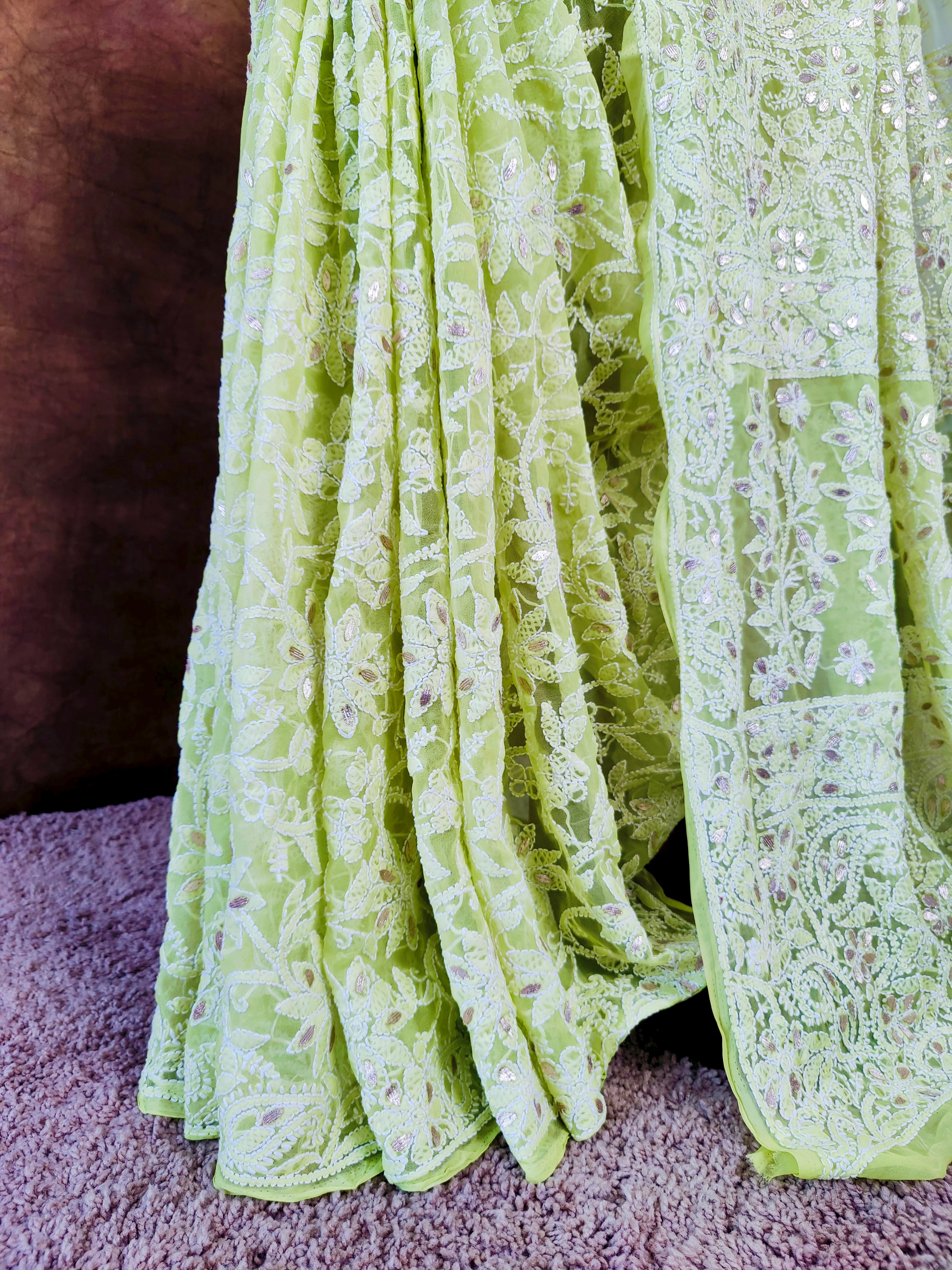 Pastel Green Chiffon Lucknowi Chikankari Saree with Full Jaal & Gota Patti Detailing