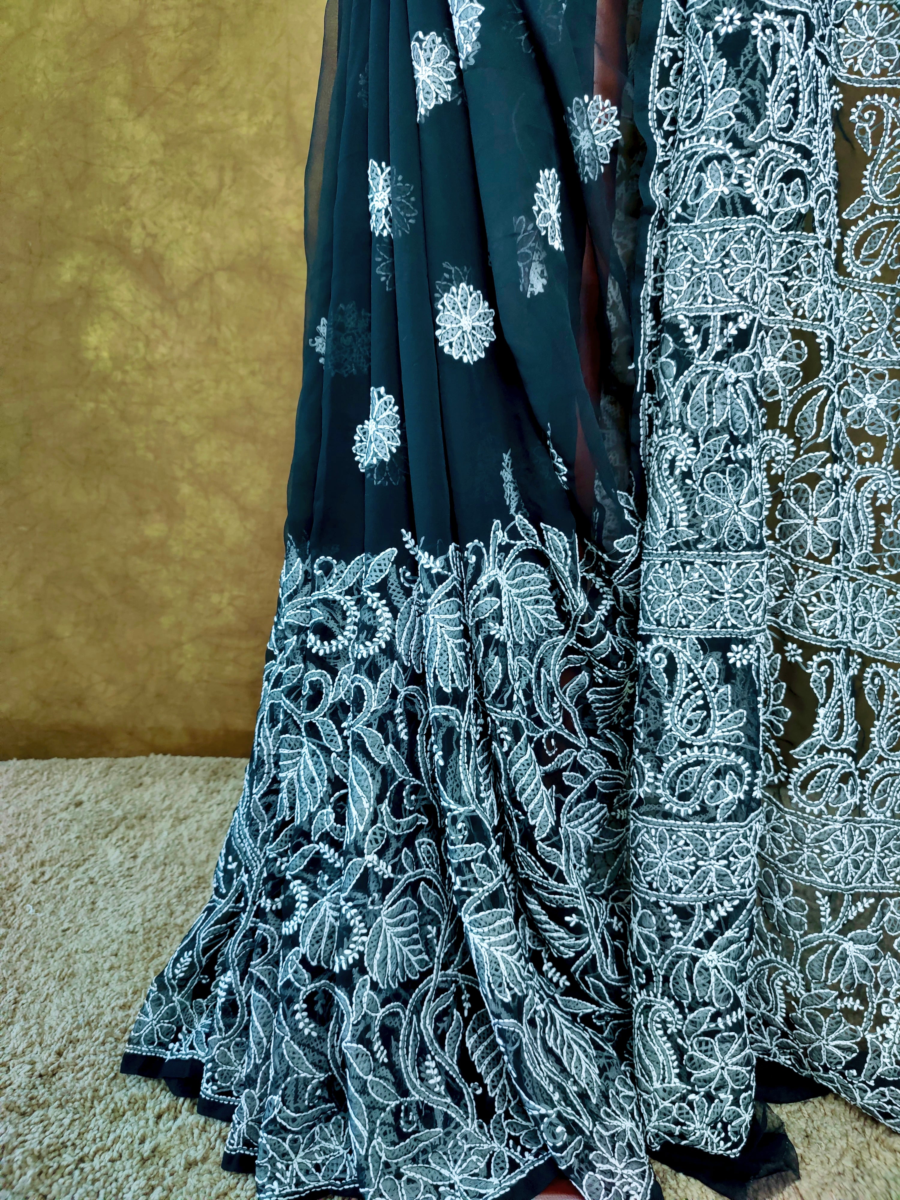 Black Chiffon Saree with White Chikankari Thread Work