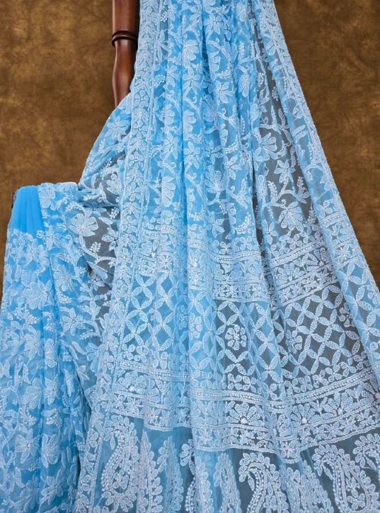 Skyfall Blue Handcrafted Lucknowi Chikankari Chiffon Saree