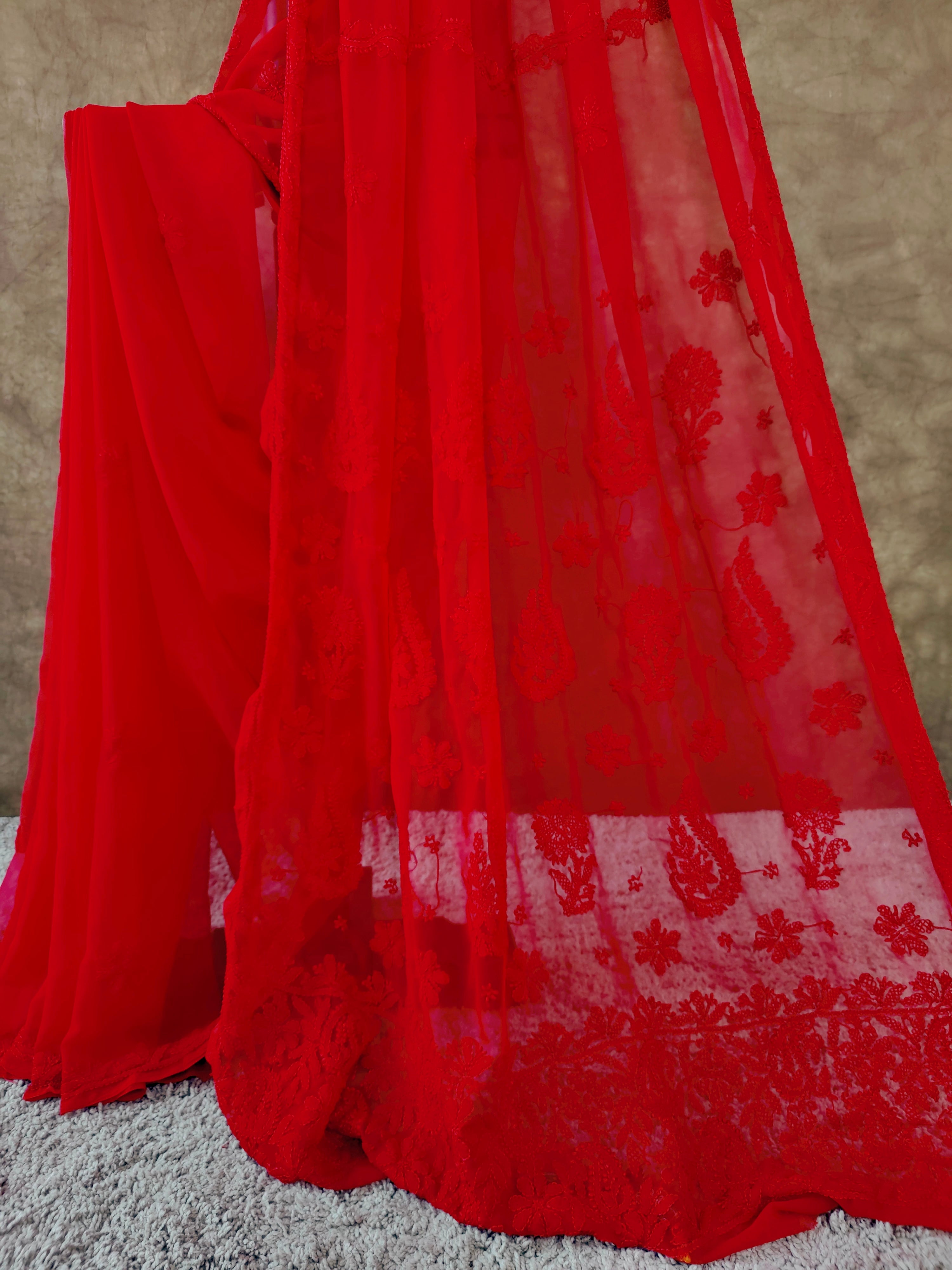 Red Chikankari Saree in Breezy Chiffon - Festive Vibes